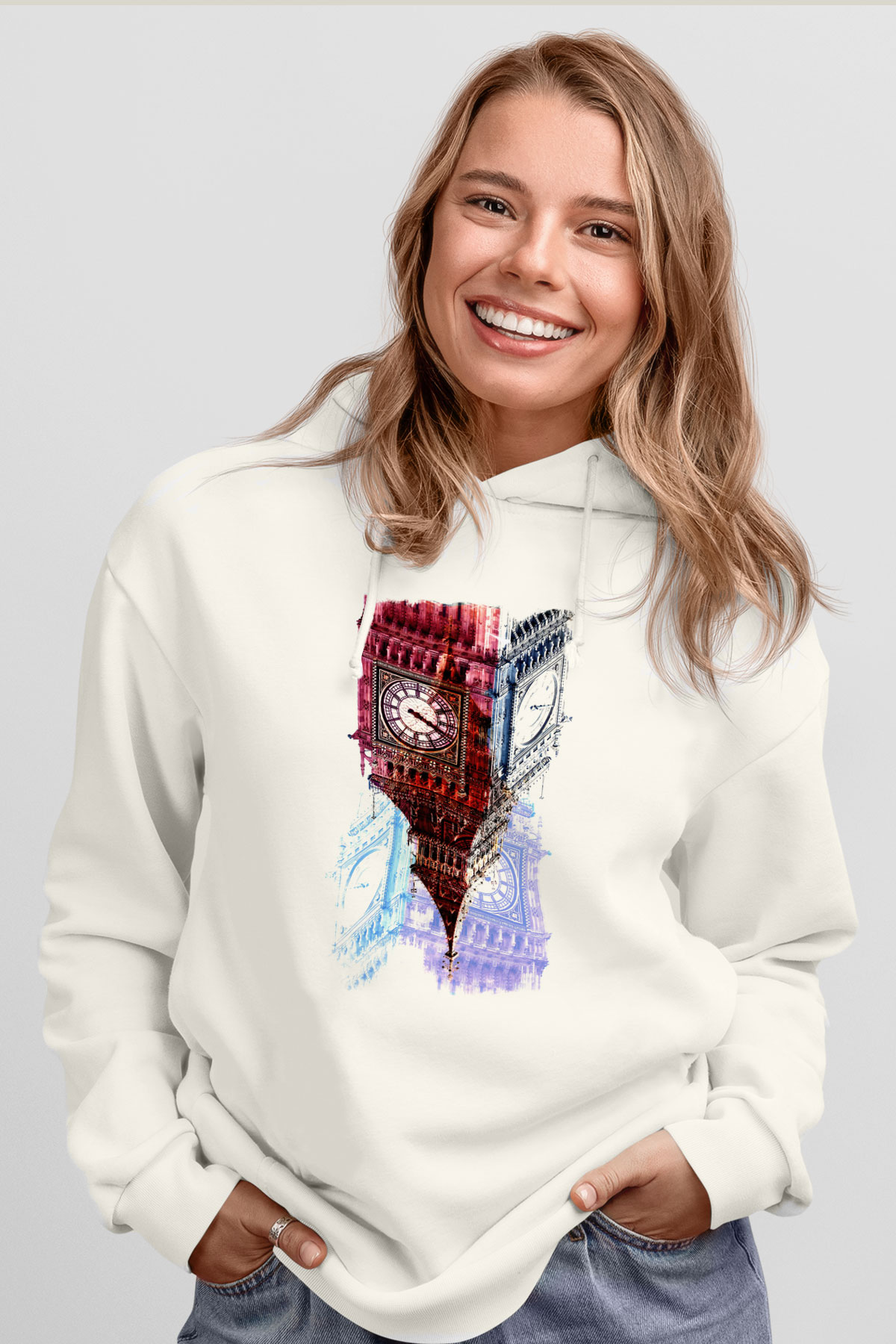 Big Ben Beyaz Unisex Kapşonlu Sweatshirt