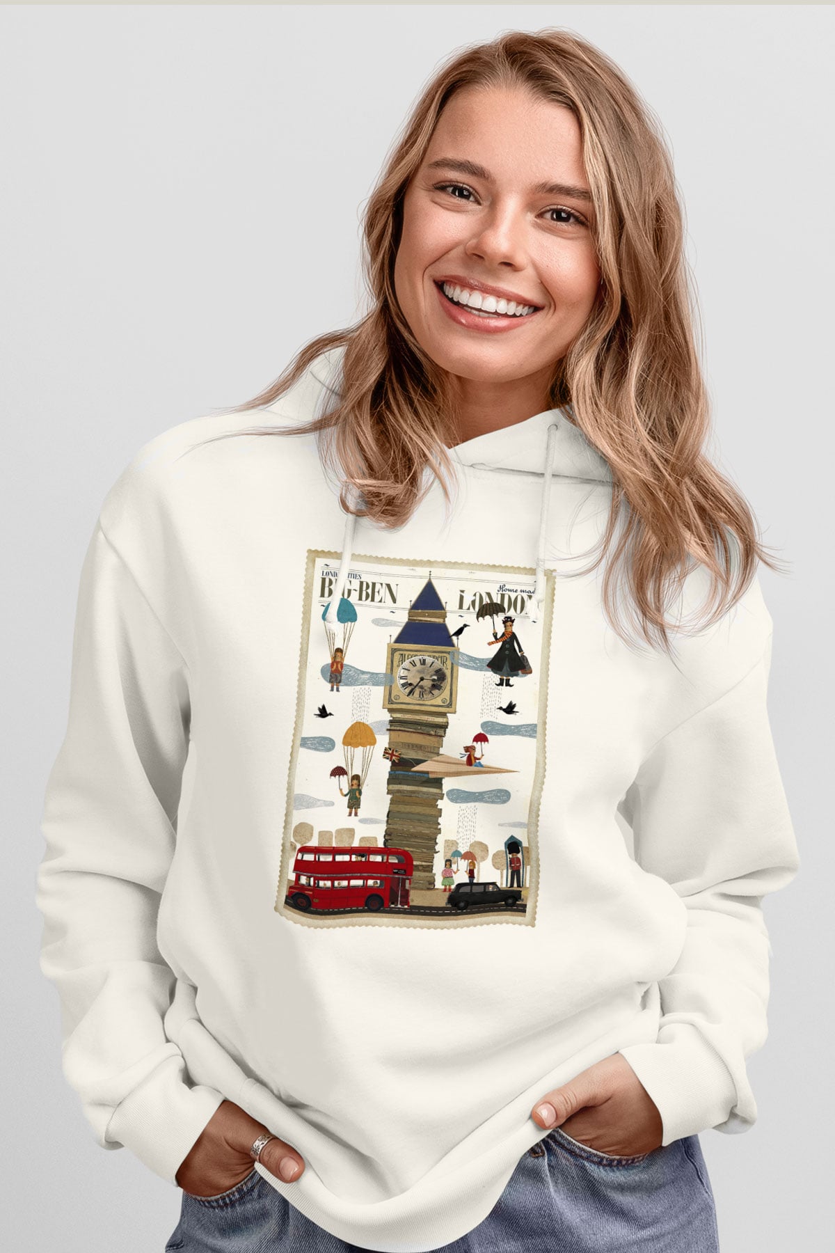 Big Ben Beyaz Unisex Kapşonlu Sweatshirt