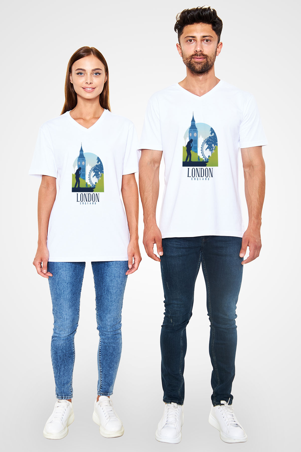 Big Ben Beyaz Unisex V Yaka Tişört