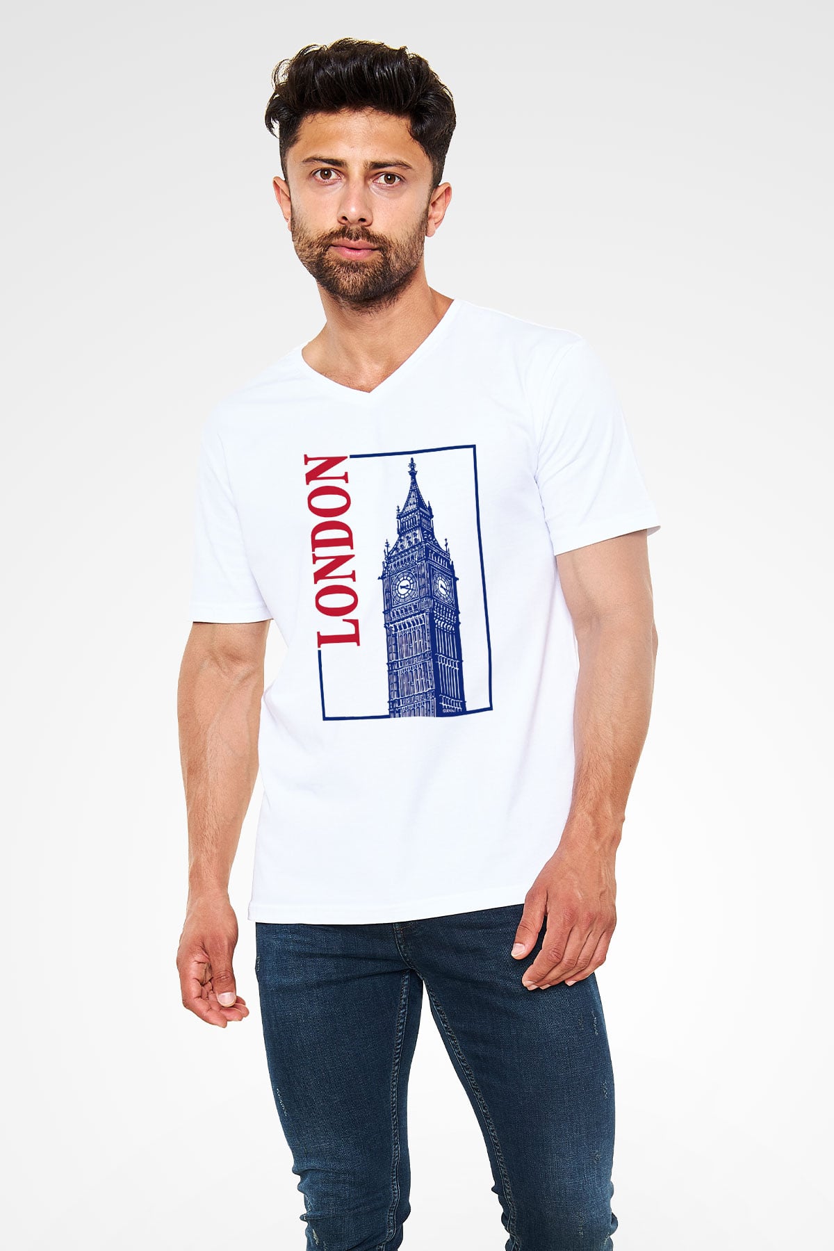 Big Ben Beyaz Unisex V Yaka Tişört