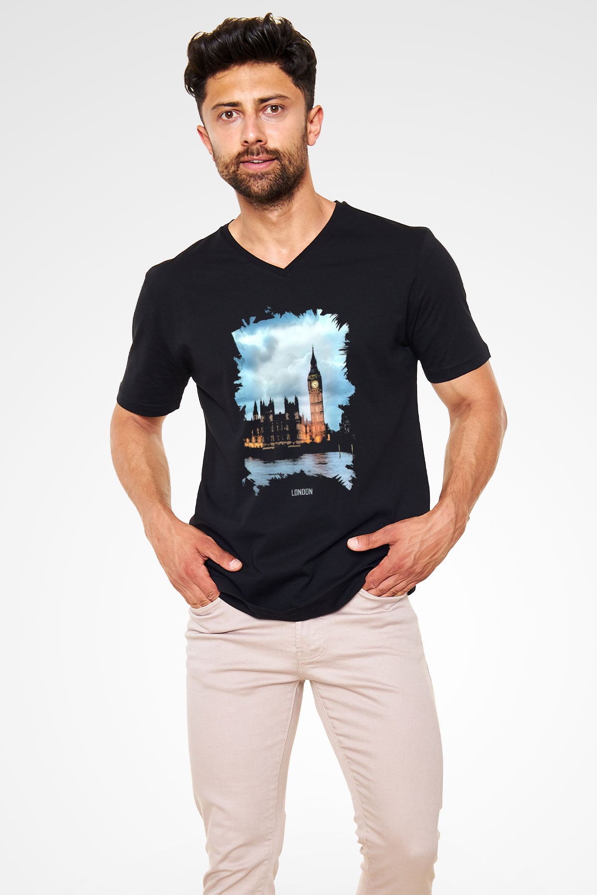 Big Ben Siyah Unisex V Yaka Tişört