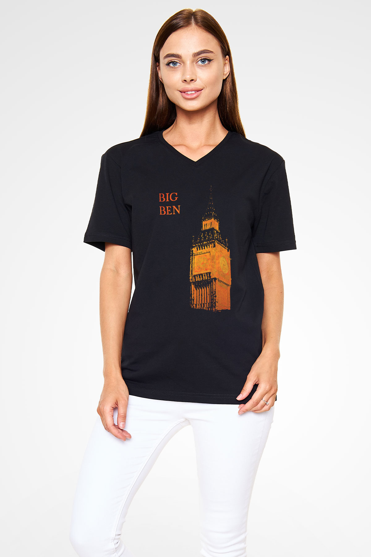 Big Ben Siyah Unisex V Yaka Tişört