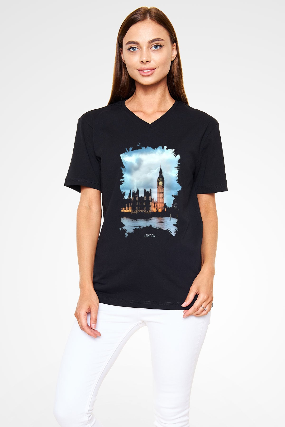 Big Ben Siyah Unisex V Yaka Tişört