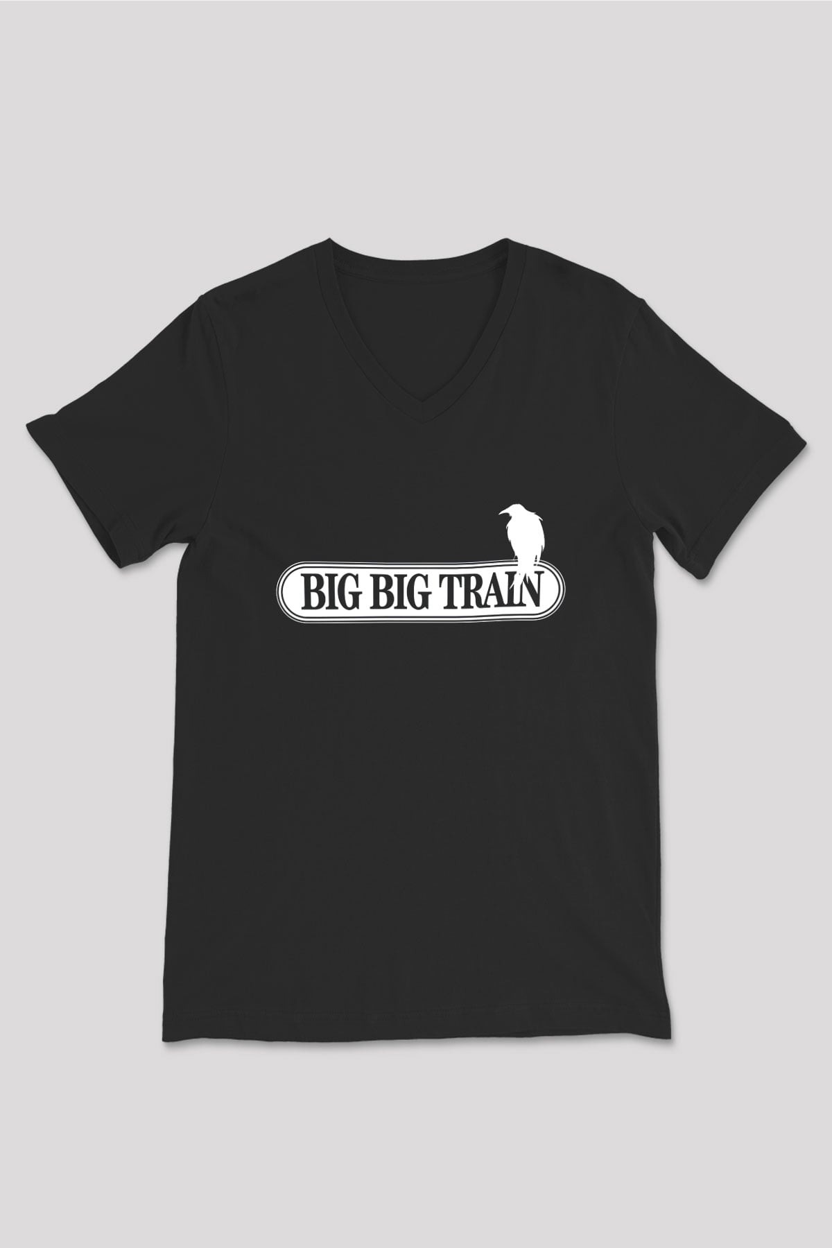 Big Big Train Baskılı Unisex Siyah V Yaka Tişört - Tshirt