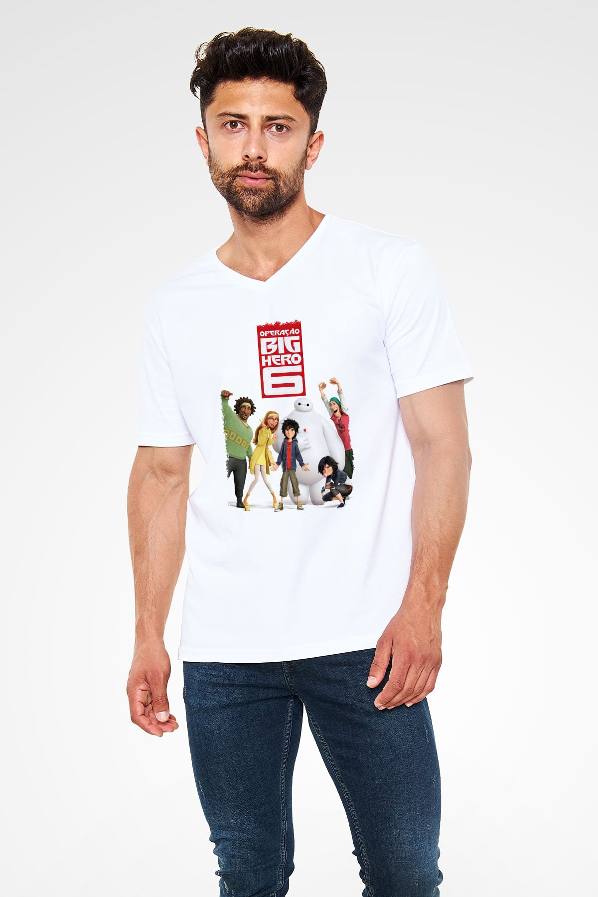 Big Hero Beyaz Unisex V Yaka Tişört