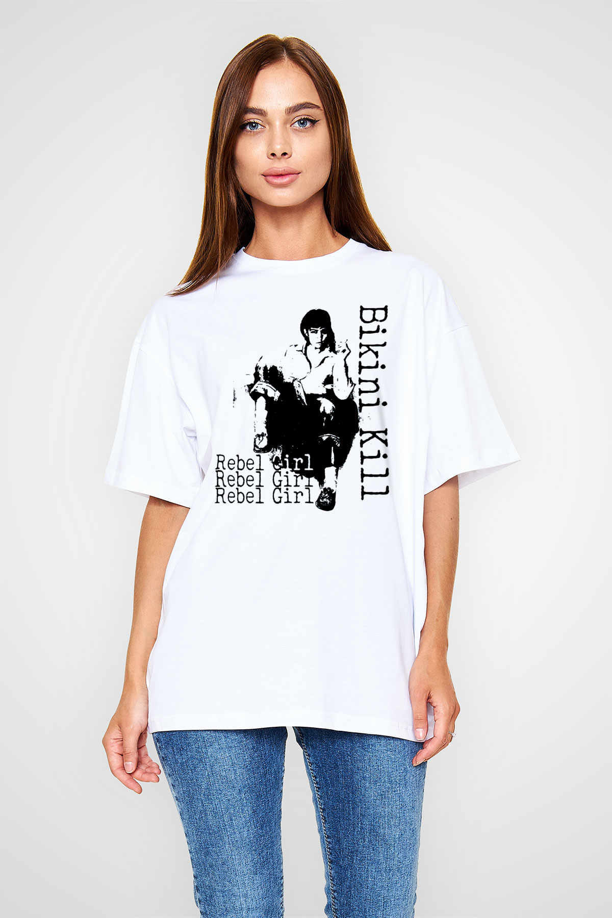 Bikini Kill Baskılı Beyaz Unisex Oversize Tişört - Tshirt