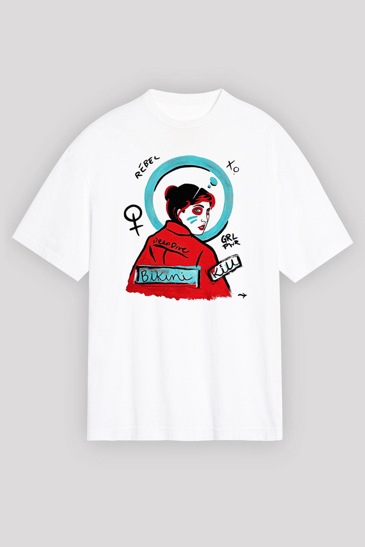 Bikini Kill Baskılı Beyaz Unisex Oversize Tişört - Tshirt