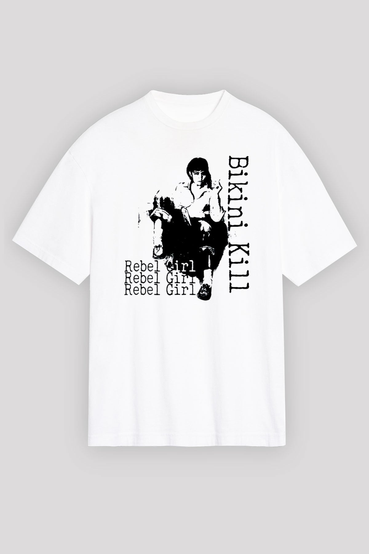 Bikini Kill Baskılı Beyaz Unisex Oversize Tişört - Tshirt