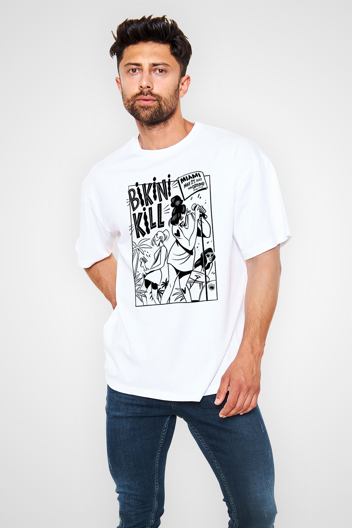 Bikini Kill Baskılı Beyaz Unisex Oversize Tişört - Tshirt