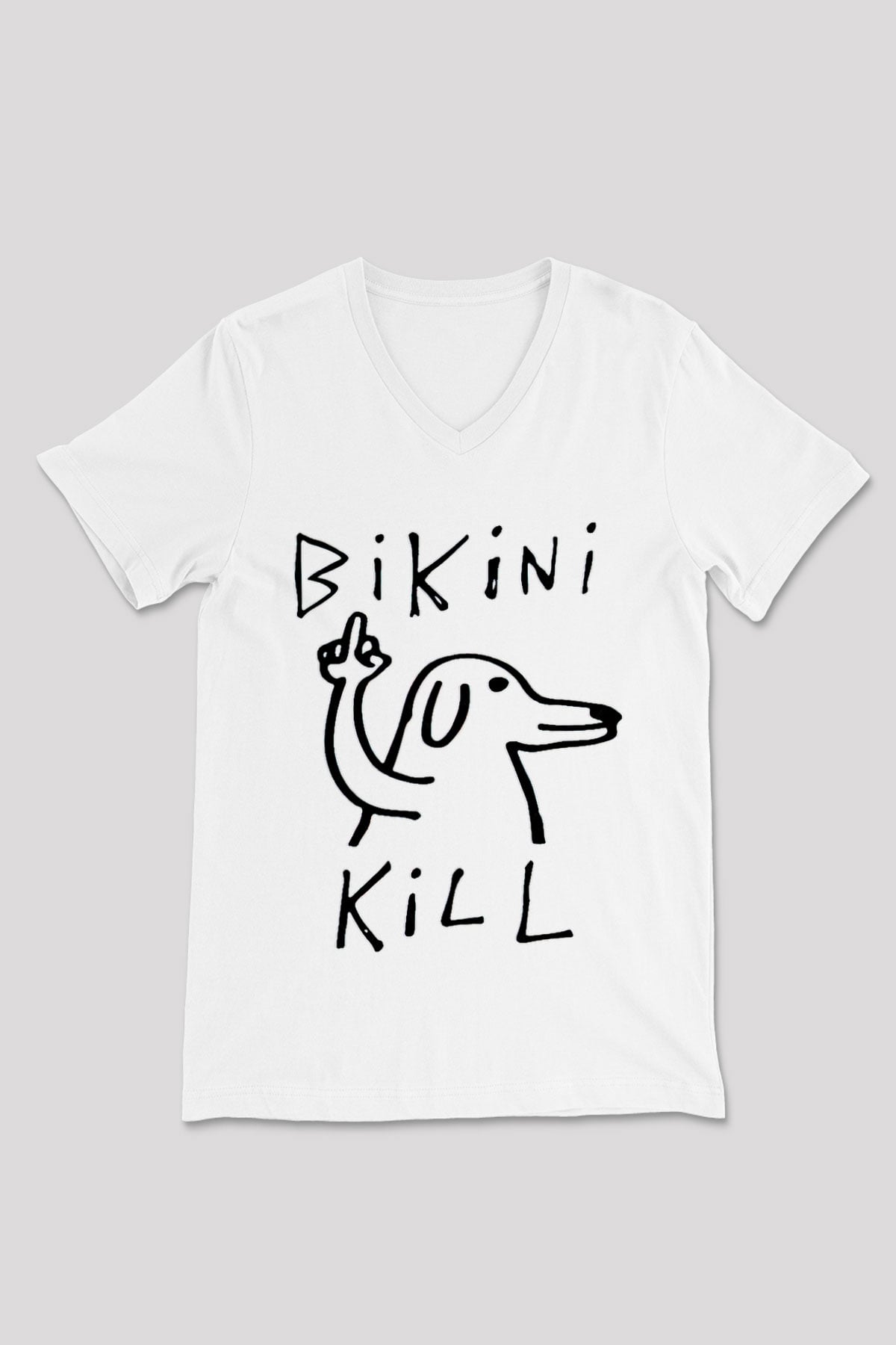 Bikini Kill Baskılı Beyaz Unisex V Yaka Tişört - Tshirt