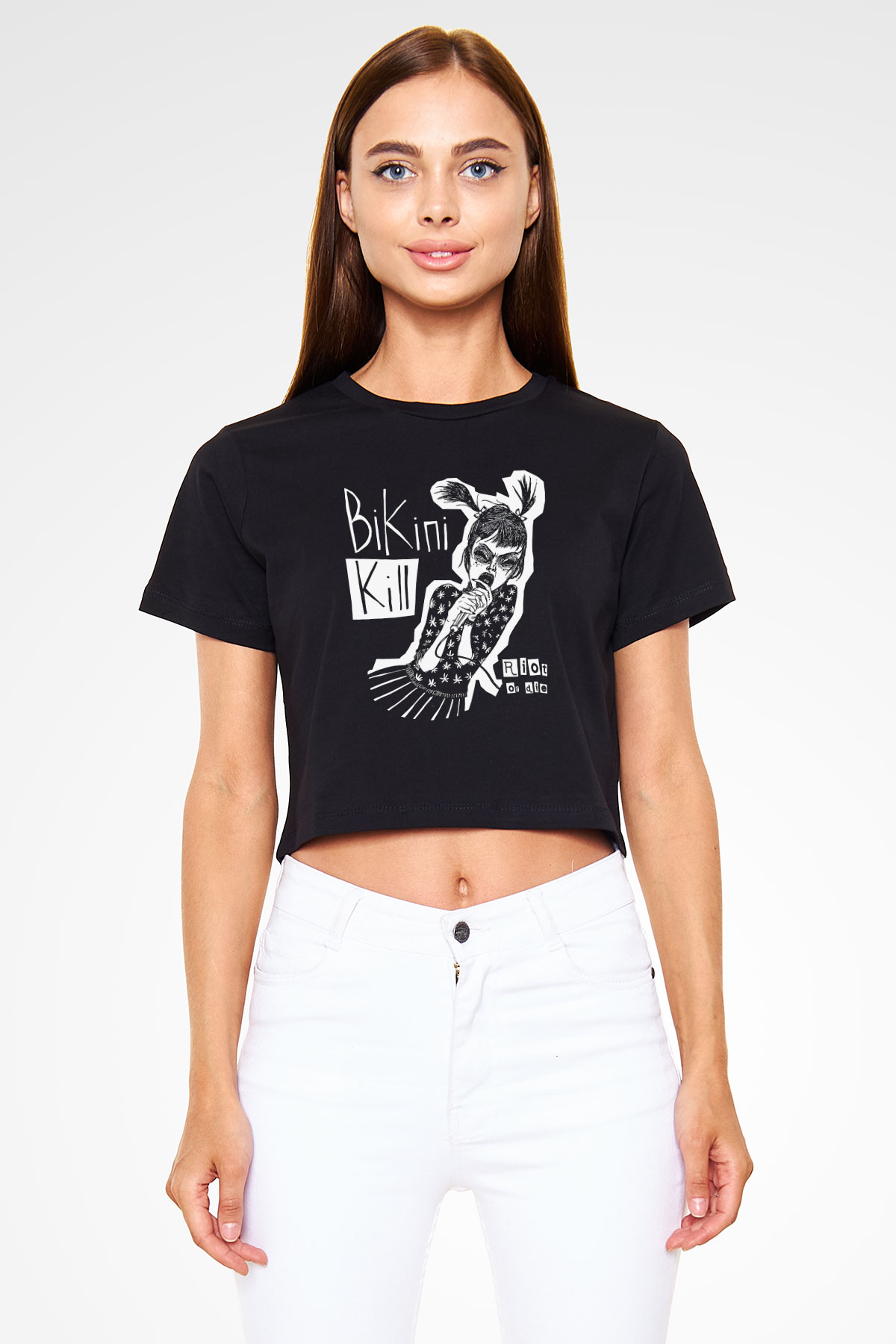 Bikini Kill Baskılı Siyah Crop Top Kadın Tişört - Tshirt