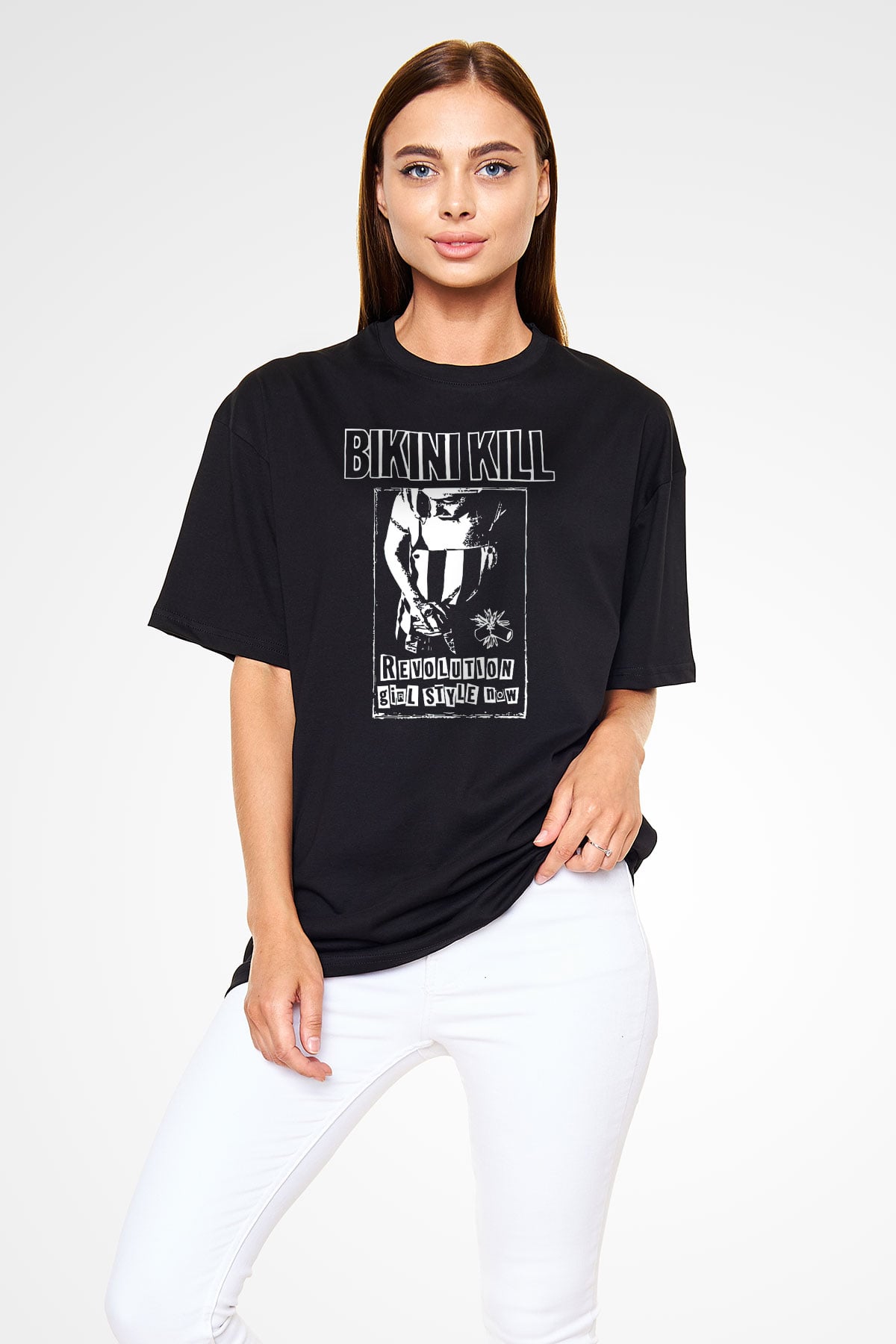 Bikini Kill Baskılı Unisex Siyah Oversize Tişört - Tshirt