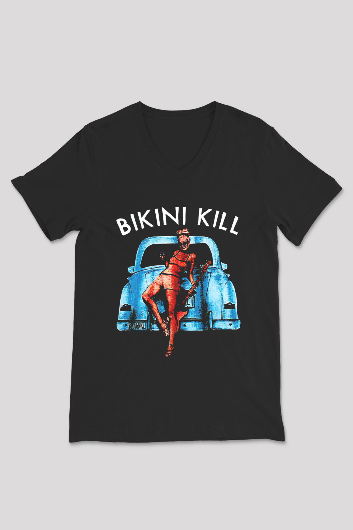Bikini Kill Baskılı Unisex Siyah V Yaka Tişört - Tshirt
