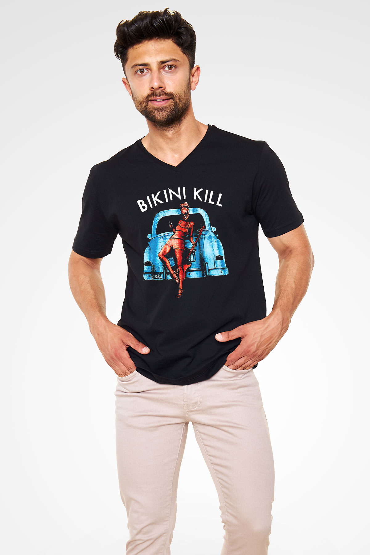 Bikini Kill Baskılı Unisex Siyah V Yaka Tişört - Tshirt