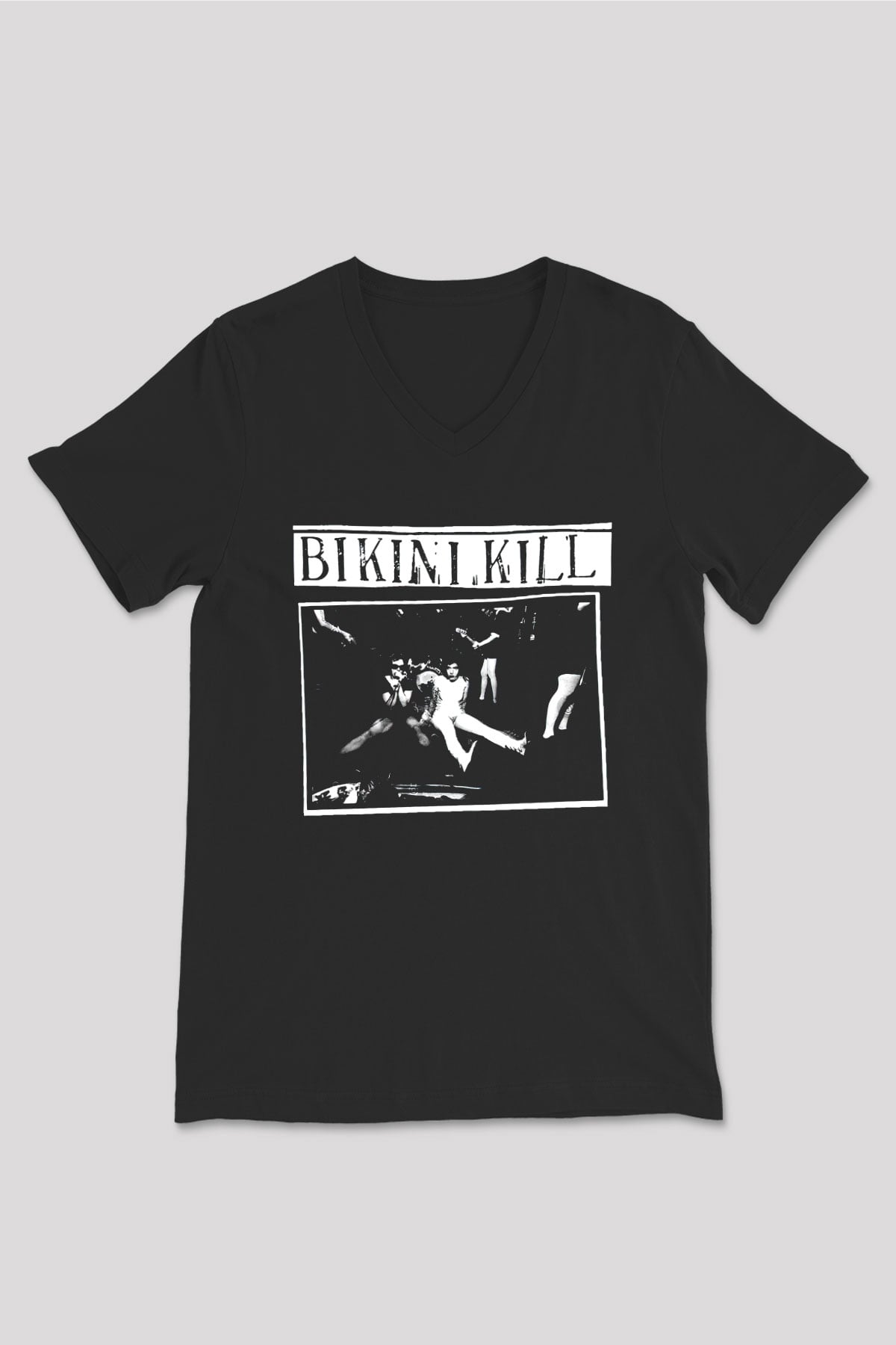 Bikini Kill Baskılı Unisex Siyah V Yaka Tişört - Tshirt