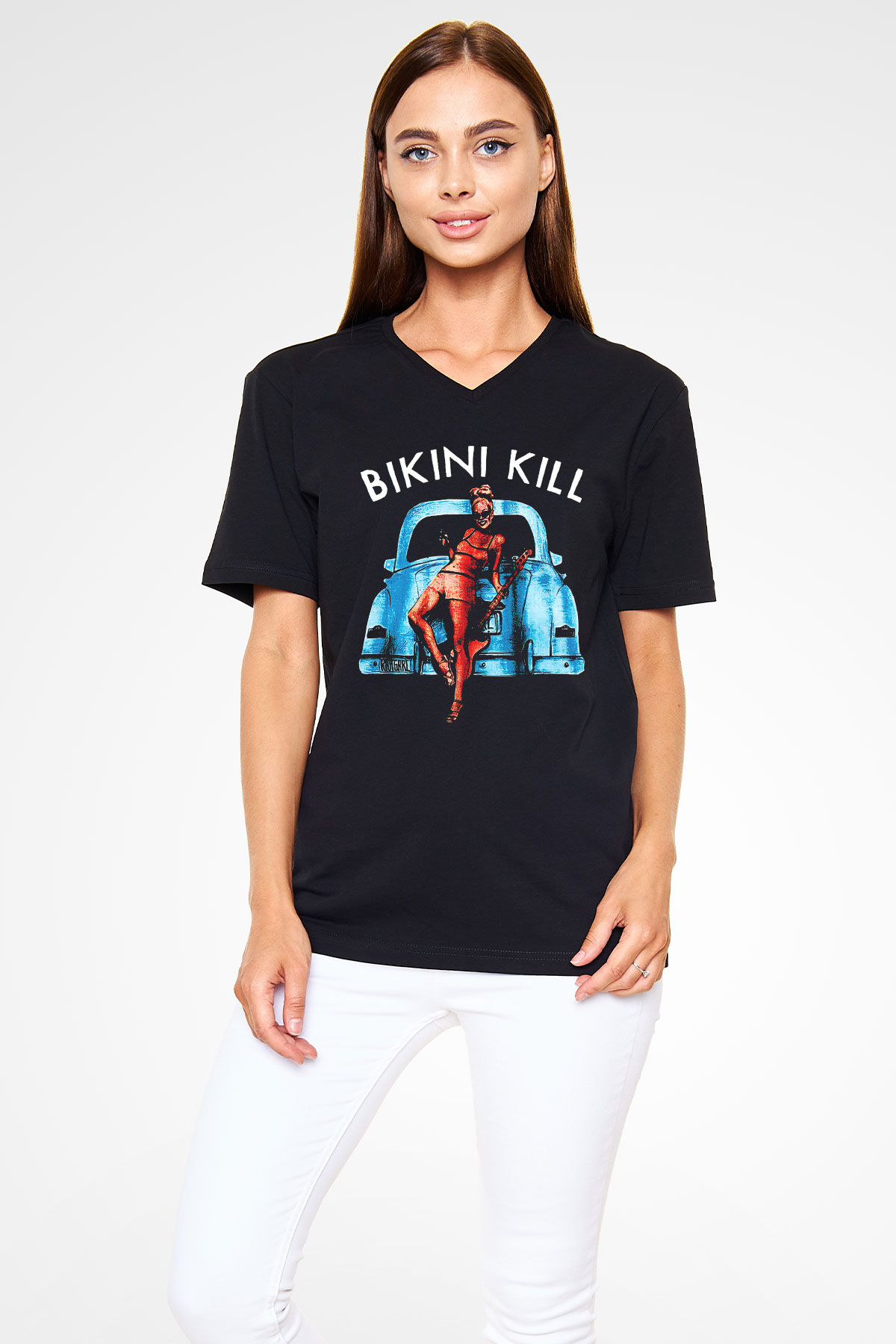 Bikini Kill Baskılı Unisex Siyah V Yaka Tişört - Tshirt