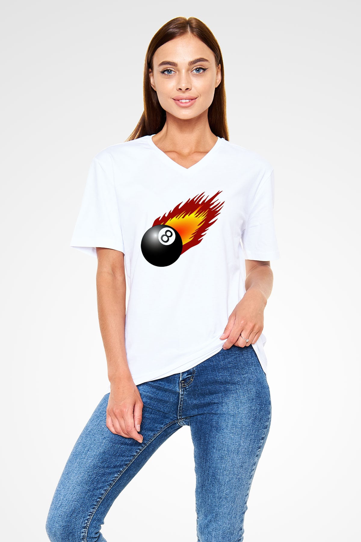 Bilardo Beyaz Unisex V Yaka Tişört
