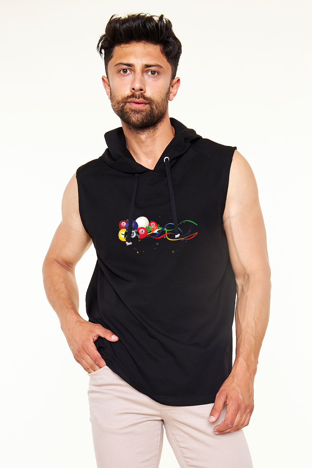 Bilardo Siyah Unisex Kapüşonlu Kolsuz Tişört