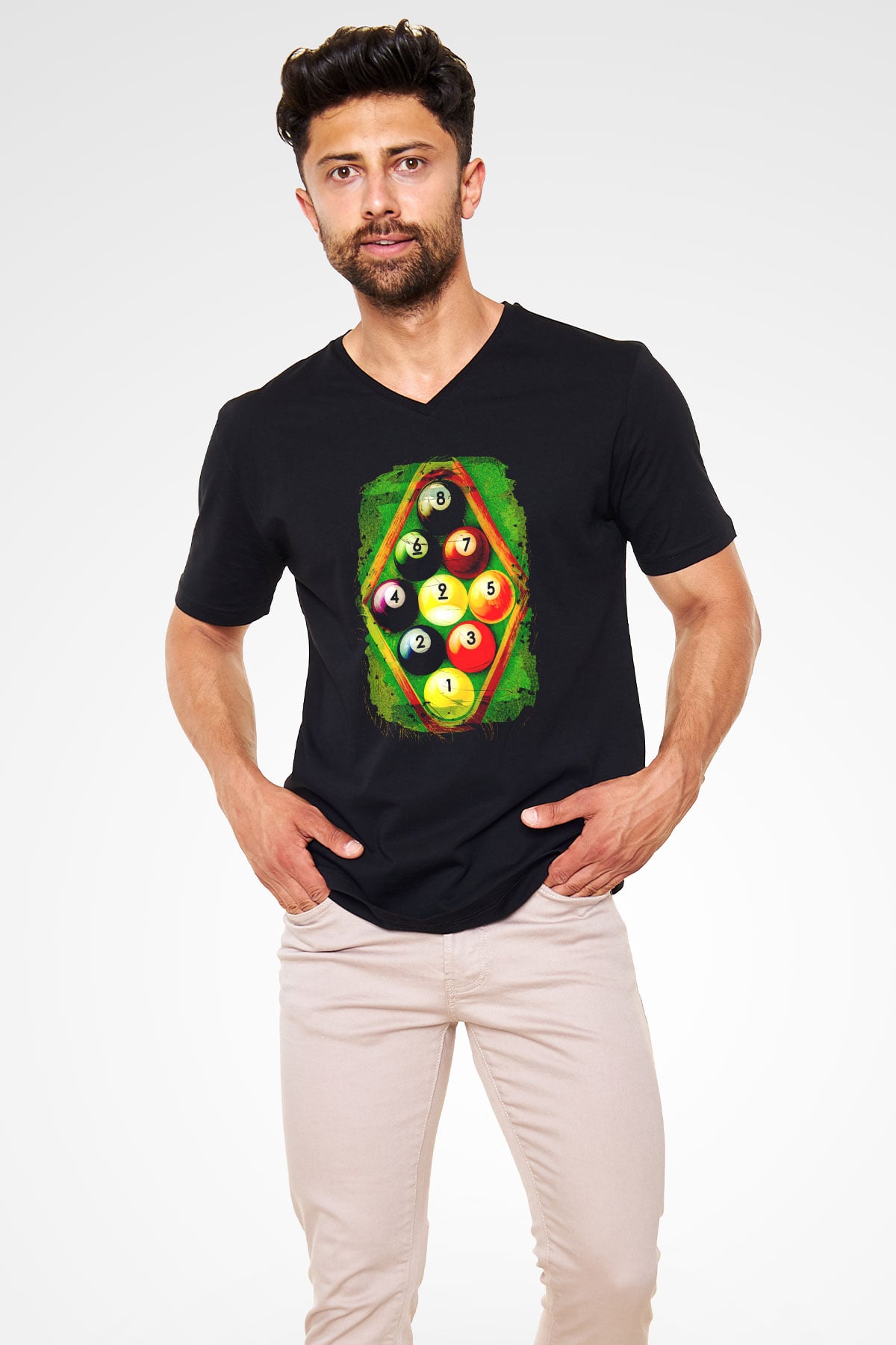 Bilardo Siyah Unisex V Yaka Tişört T-Shirt