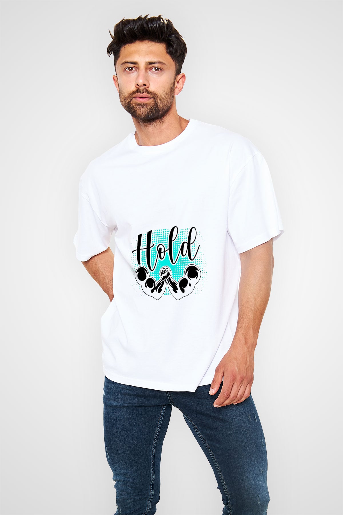Bilek Güreşi Baskılı Unisex Beyaz Oversize Tişört - Tshirt