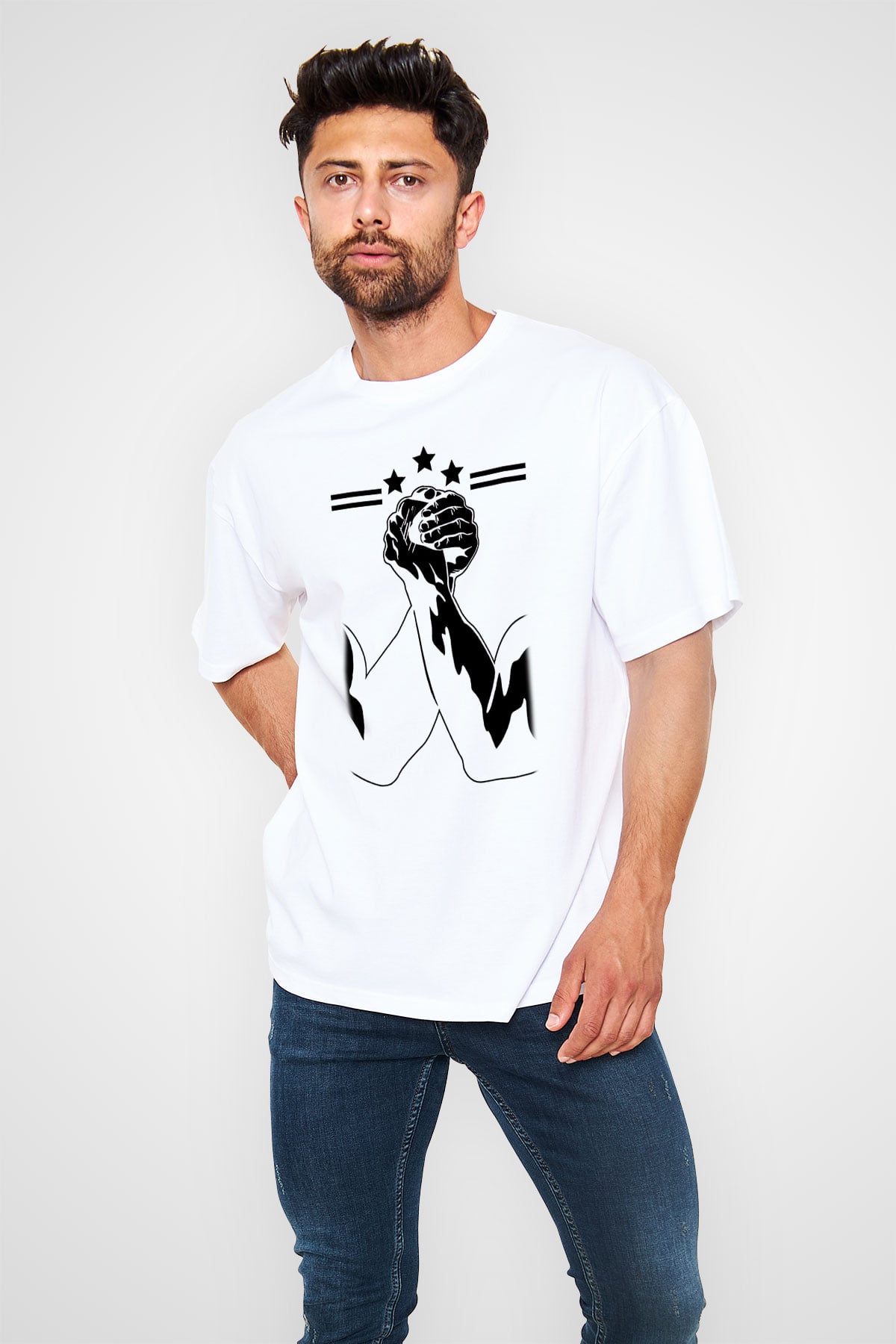 Bilek Güreşi Baskılı Unisex Beyaz Oversize Tişört - Tshirt
