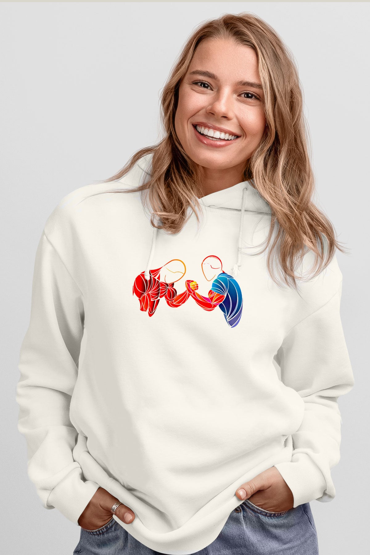 Bilek Güreşi Baskılı Unisex Ekru Hoodie
