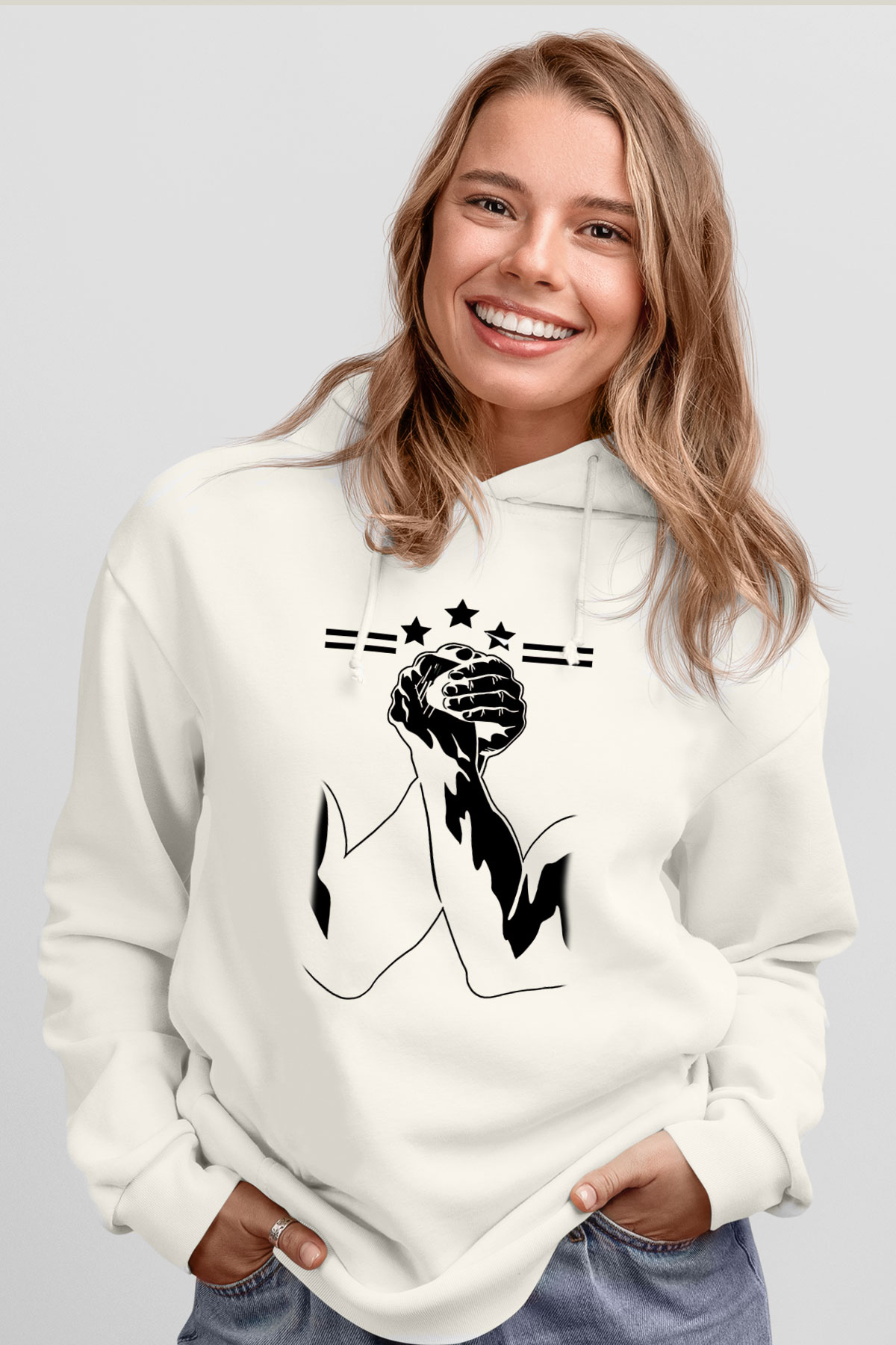 Bilek Güreşi Baskılı Unisex Ekru Hoodie