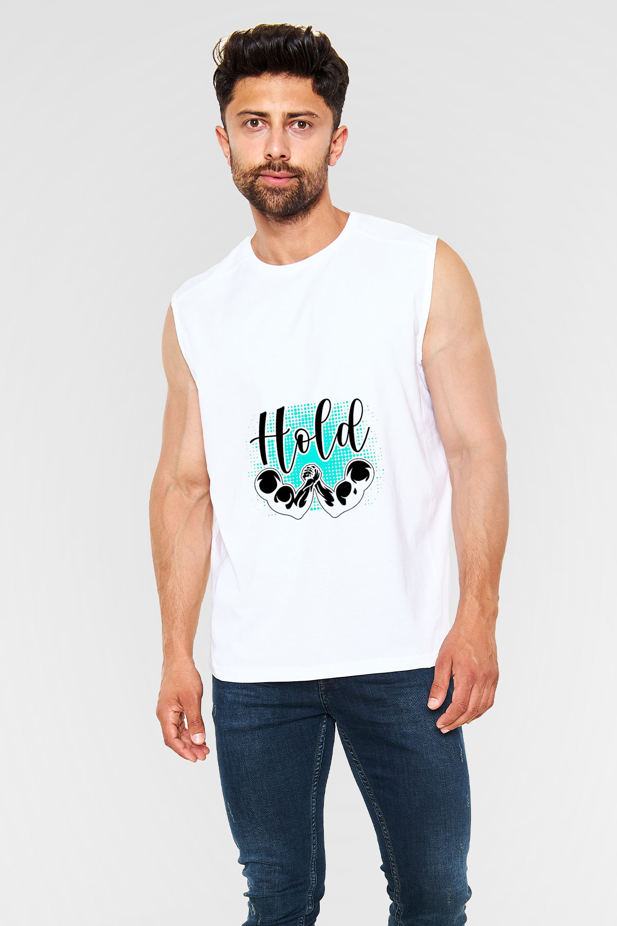 Bilek Güreşi Baskılı Unisex Kolsuz Beyaz Tişört