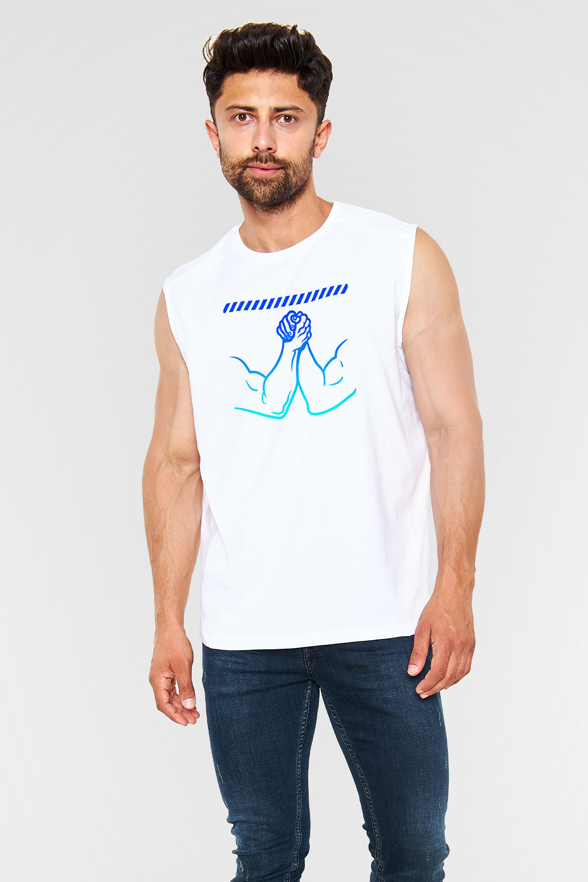 Bilek Güreşi Baskılı Unisex Kolsuz Beyaz Tişört