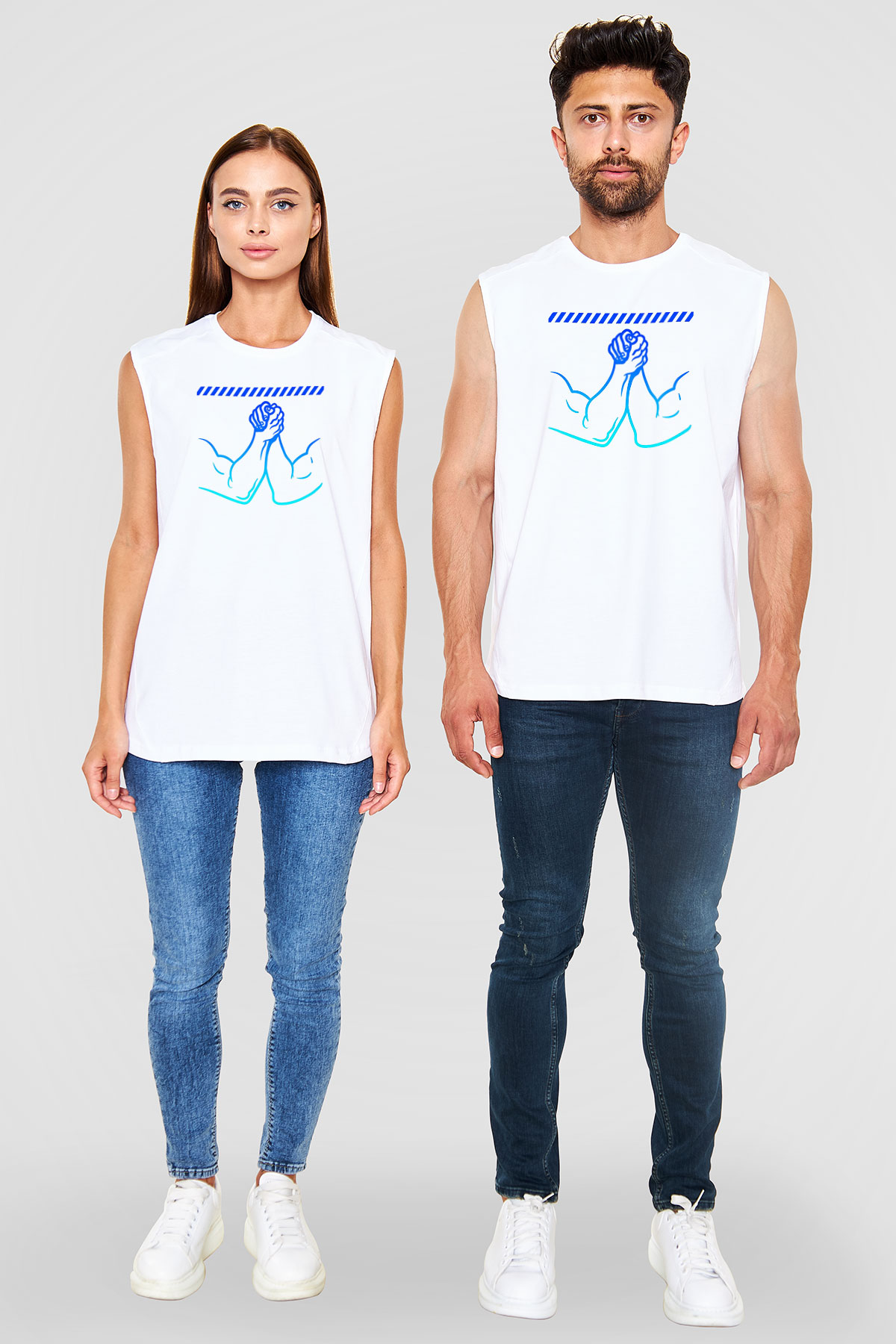 Bilek Güreşi Baskılı Unisex Kolsuz Beyaz Tişört