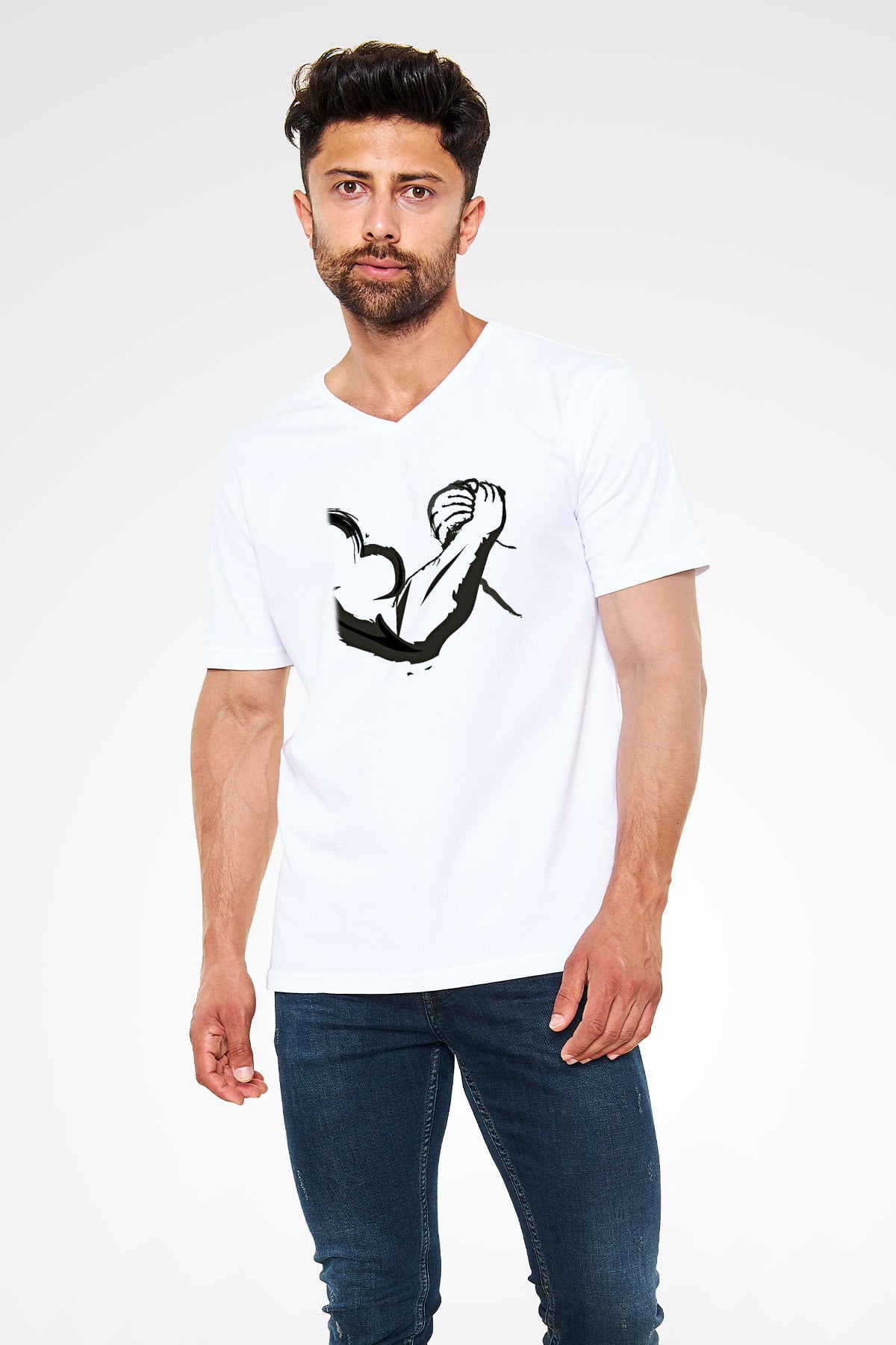 Bilek Güreşi Baskılı Unisex V Yaka Tişört - Tshirt