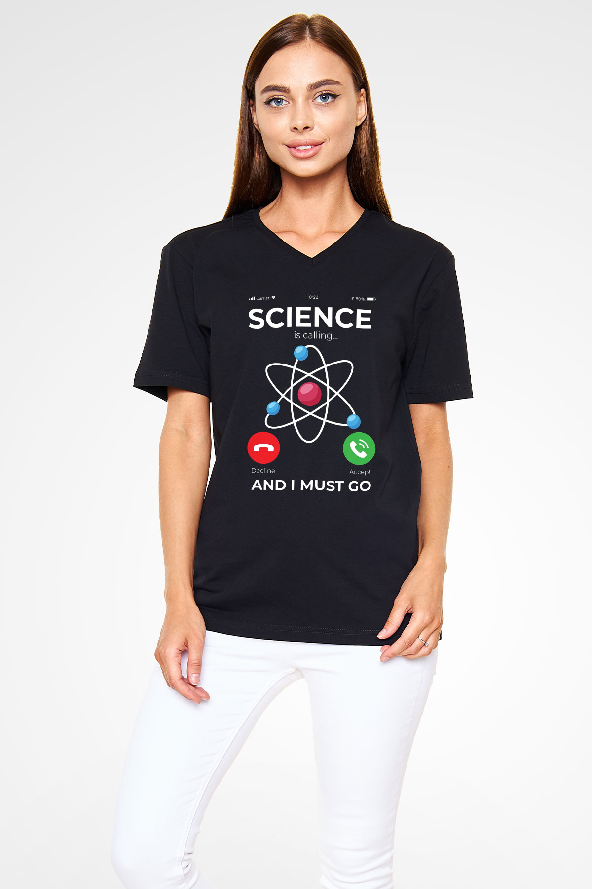 Bilim Arıyor Baskılı Unisex V Yaka Siyah Tİşört - Tshirt