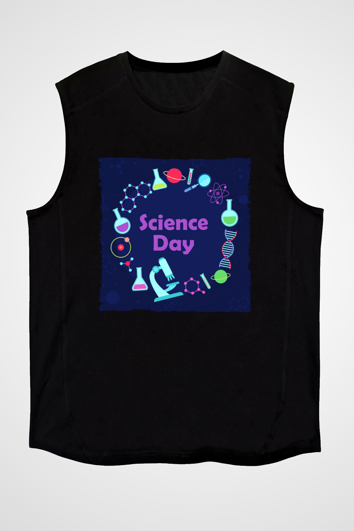 Bilim Atom Gezegen Dna Baskılı Unisex Siyah Kolsuz Tişört