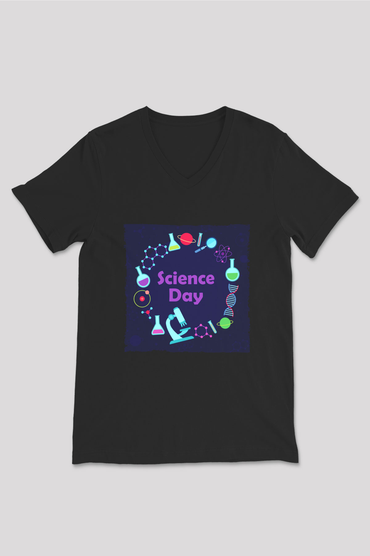 Bilim Atom Gezegen Dna Baskılı Unisex Siyah V Yaka Tişört