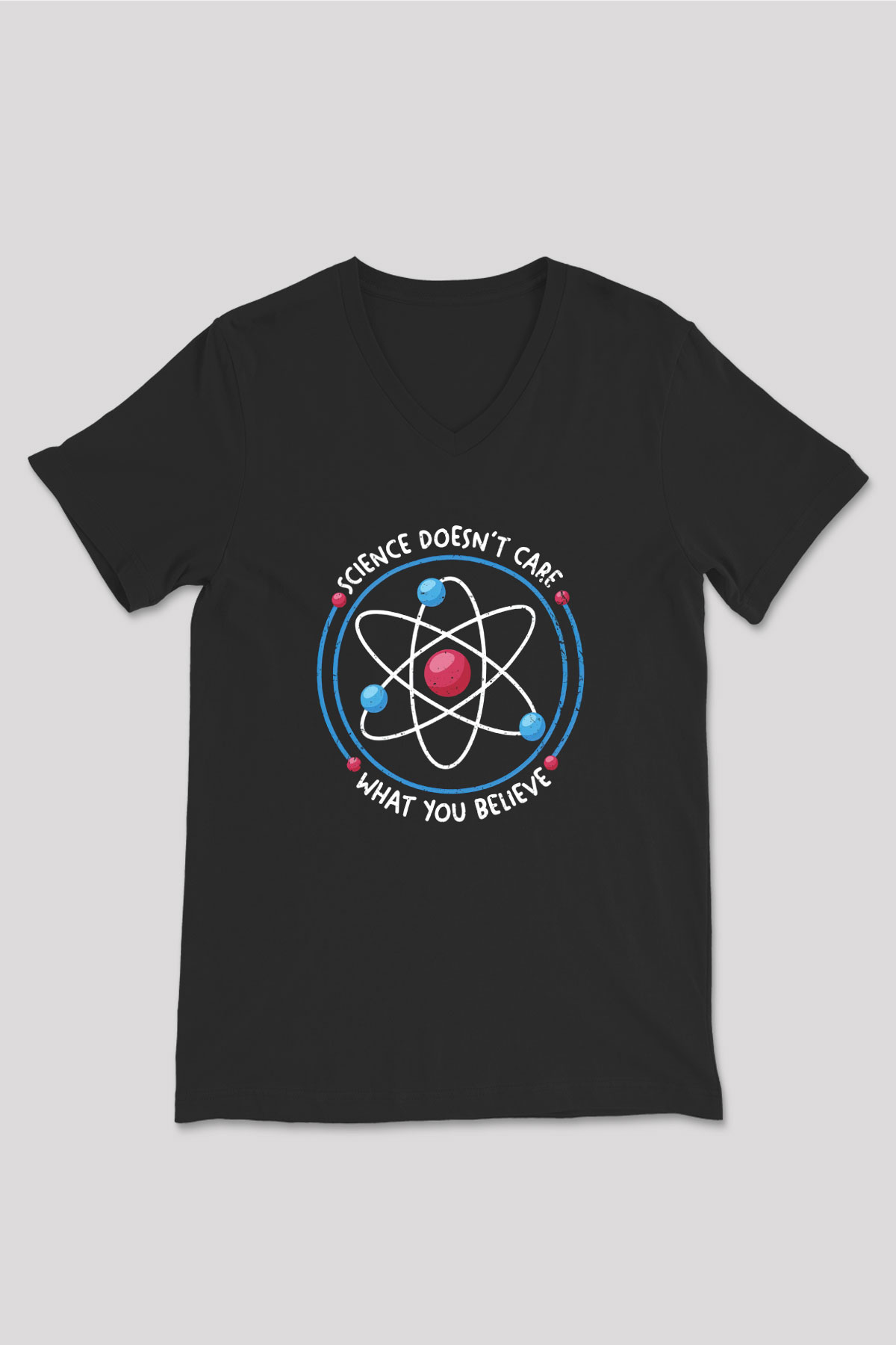 Bilim Atom Yazılı Baskılı Unisex V Yaka Siyah Tİşört - Tshirt