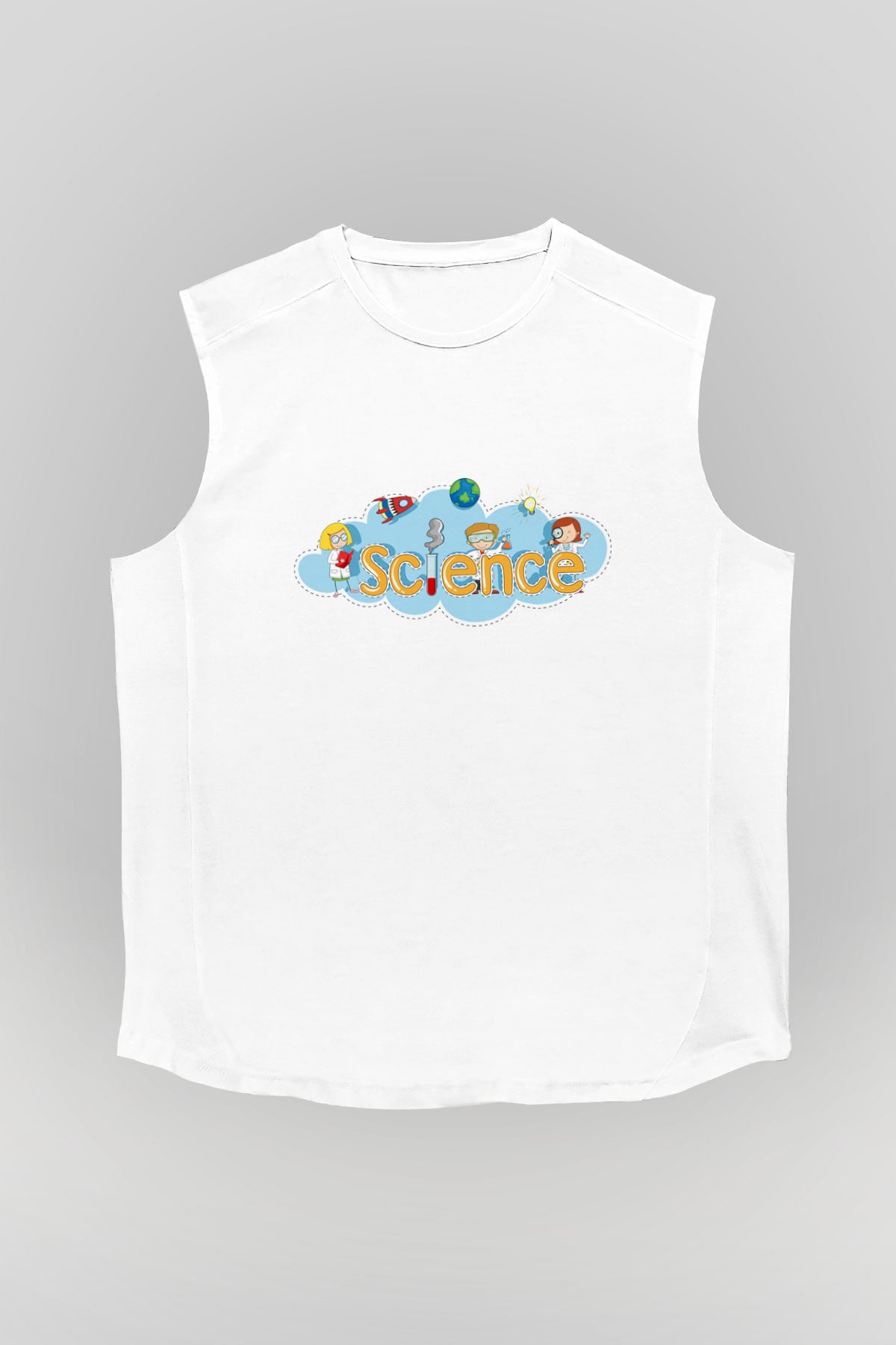 Bilim Baskılı Unisex Beyaz Kolsuz Tişört