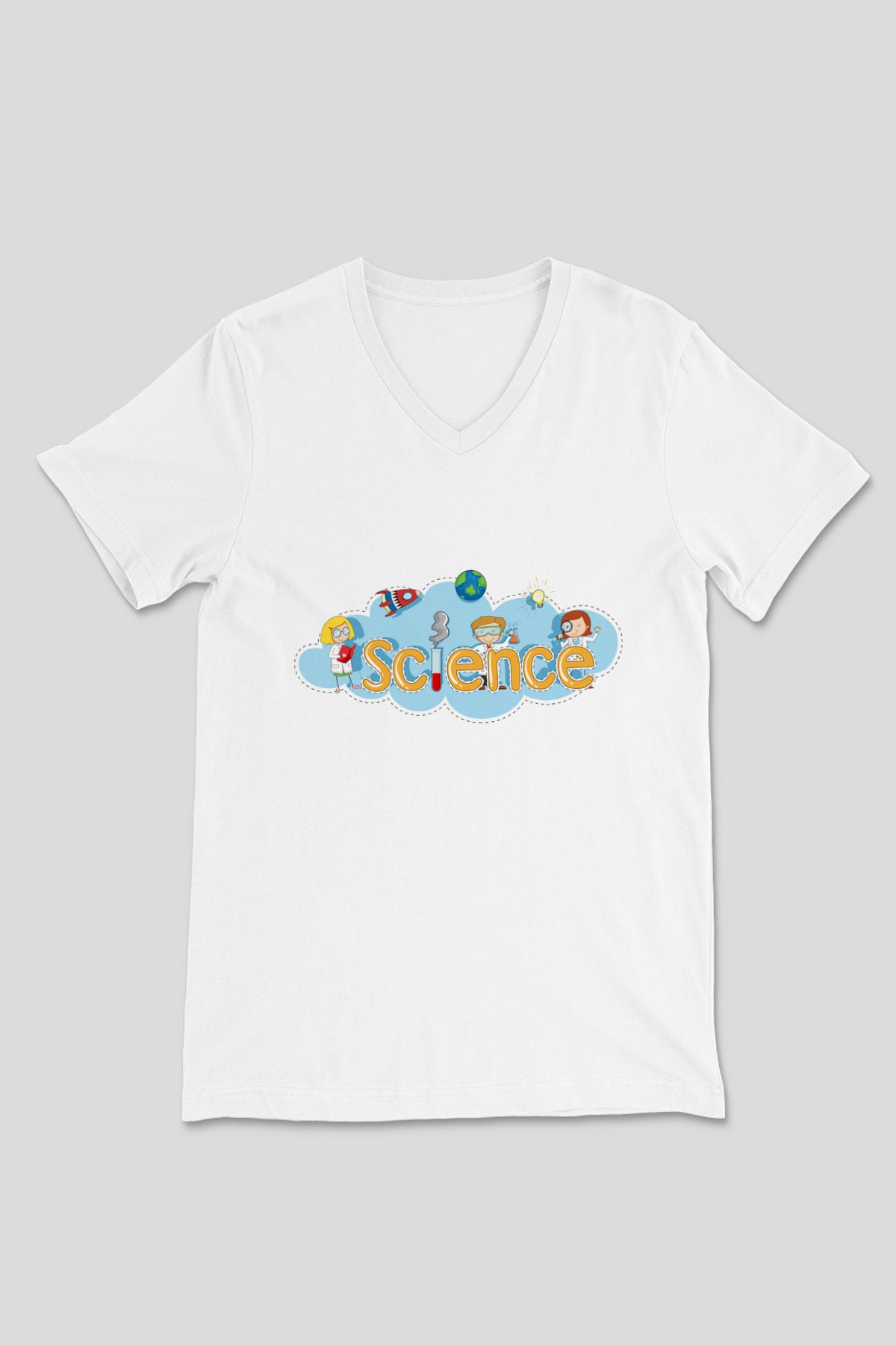 Bilim Baskılı Unisex Beyaz V Yaka Tişört