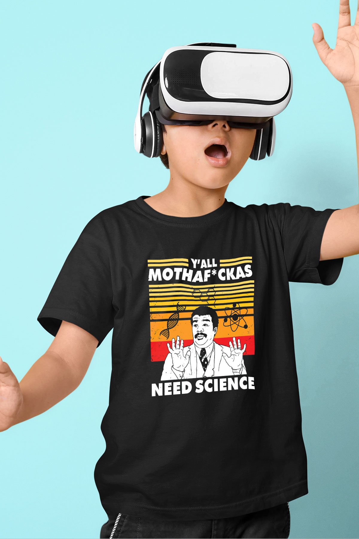 Bilim Baskılı Unisex Siyah Çocuk Tişörtü - Tshirt