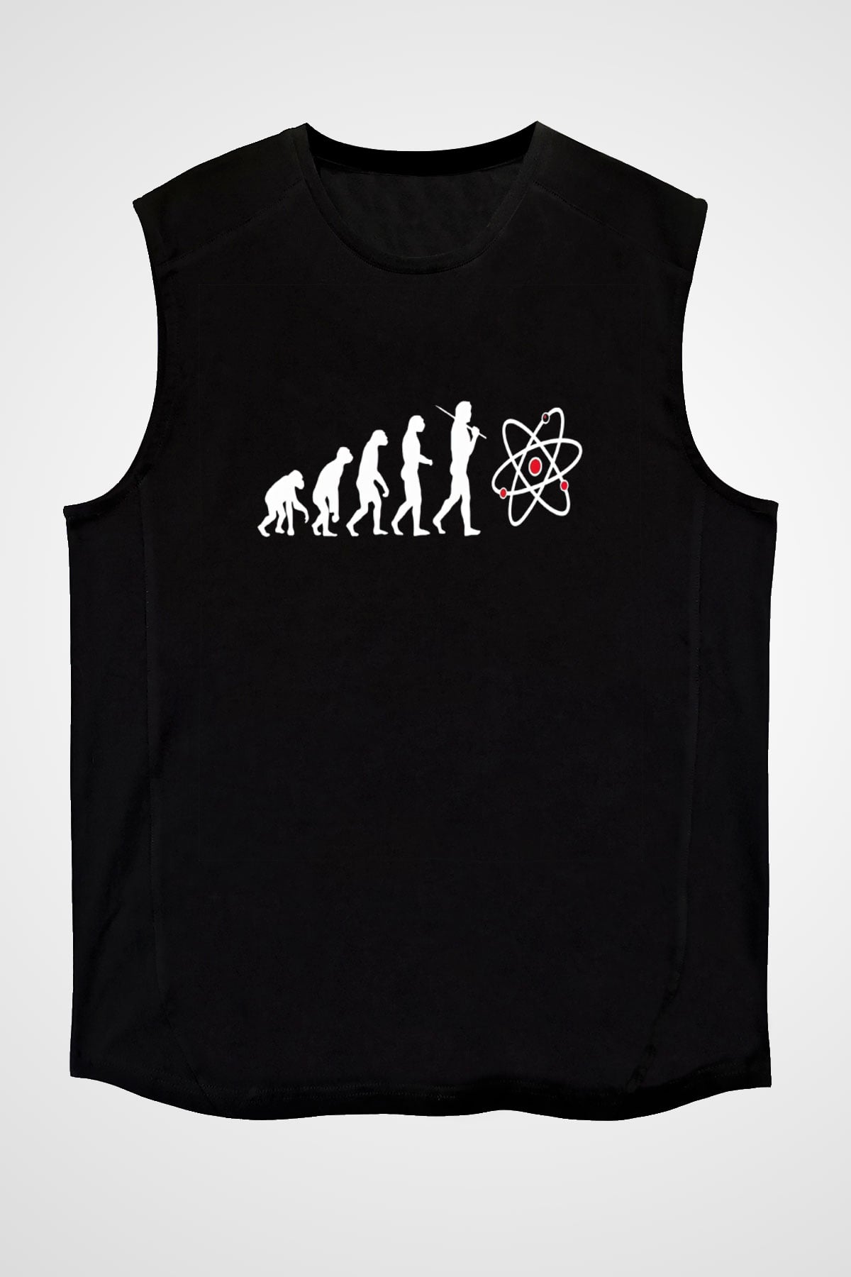 Bilim Evrim Atom Baskılı Unisex Kolsuz Siyah Tişört - Tshirt