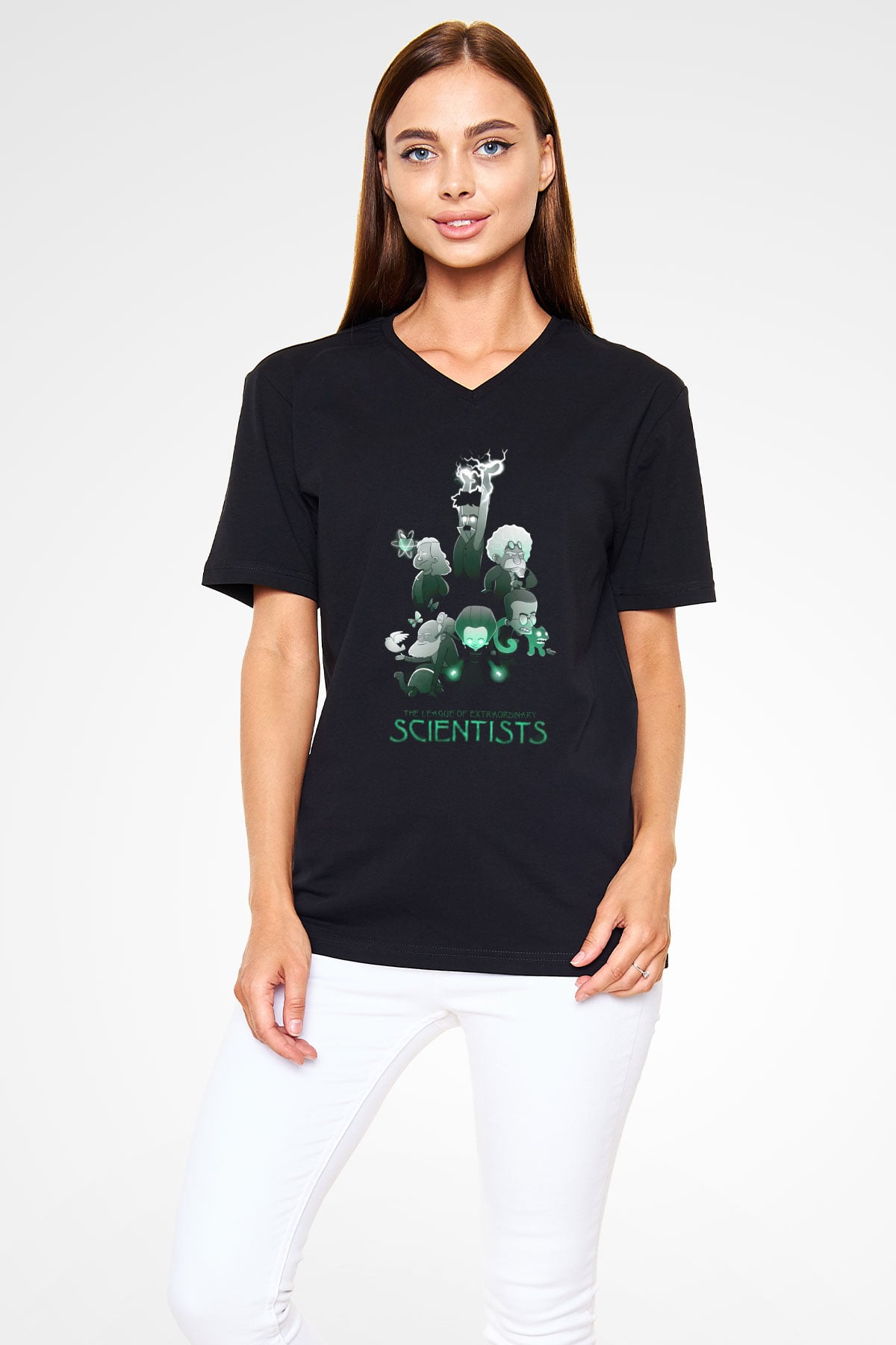 Bilim İnsanları Baskılı Unisex Siyah V Yaka Tişört