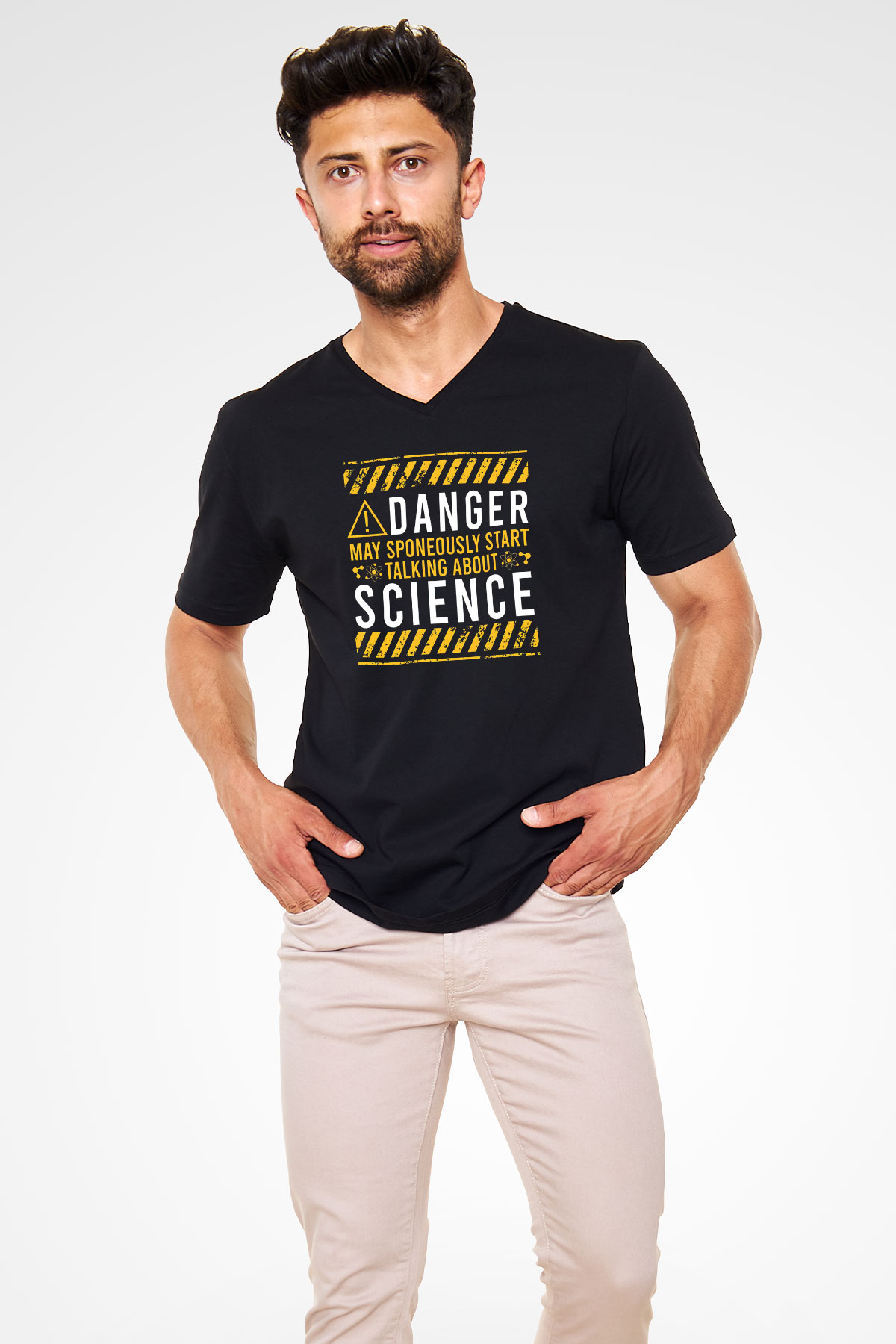 Bilim Tehlikeli Baskılı Unisex V Yaka Siyah Tİşört - Tshirt