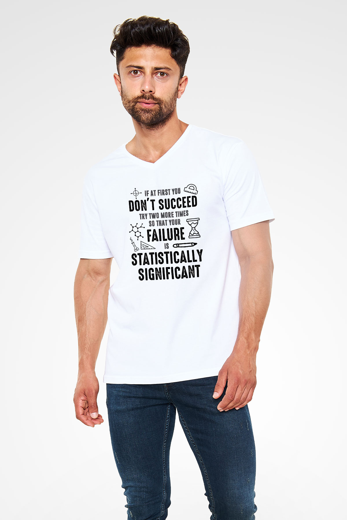 Bilim Yazı Baskılı Unisex V Yaka Beyaz Tişört - Tshirt