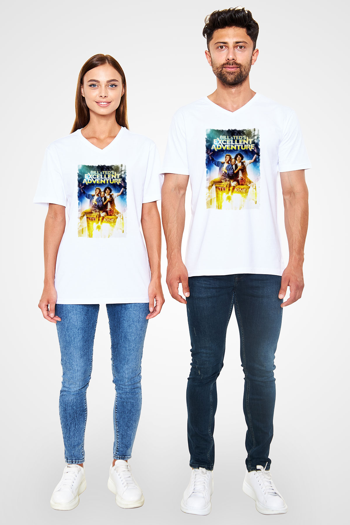 Bill and Ted's Excellent Adventure Beyaz Unisex  V Yaka Tişört