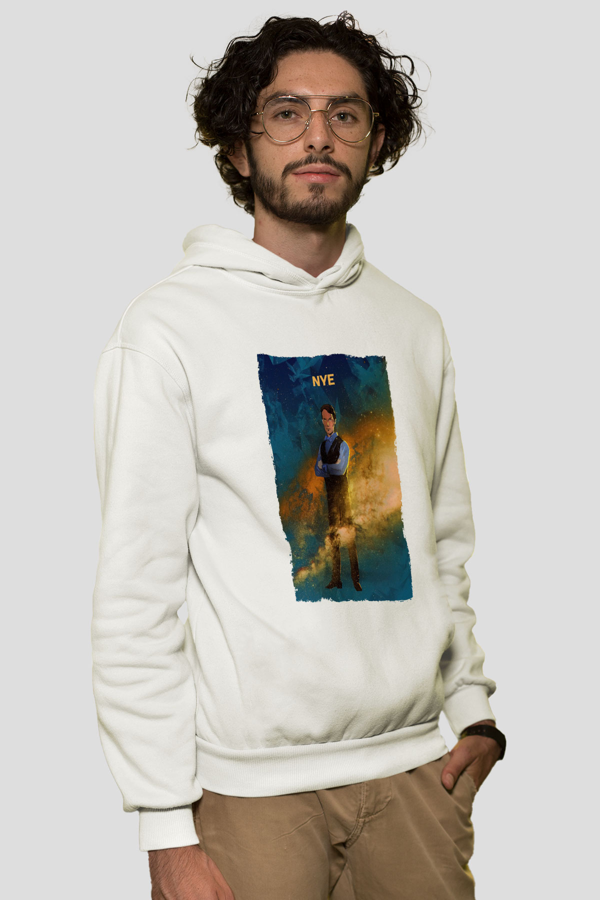 Bill Nye Baskılı Unisex Ekru Hoodie