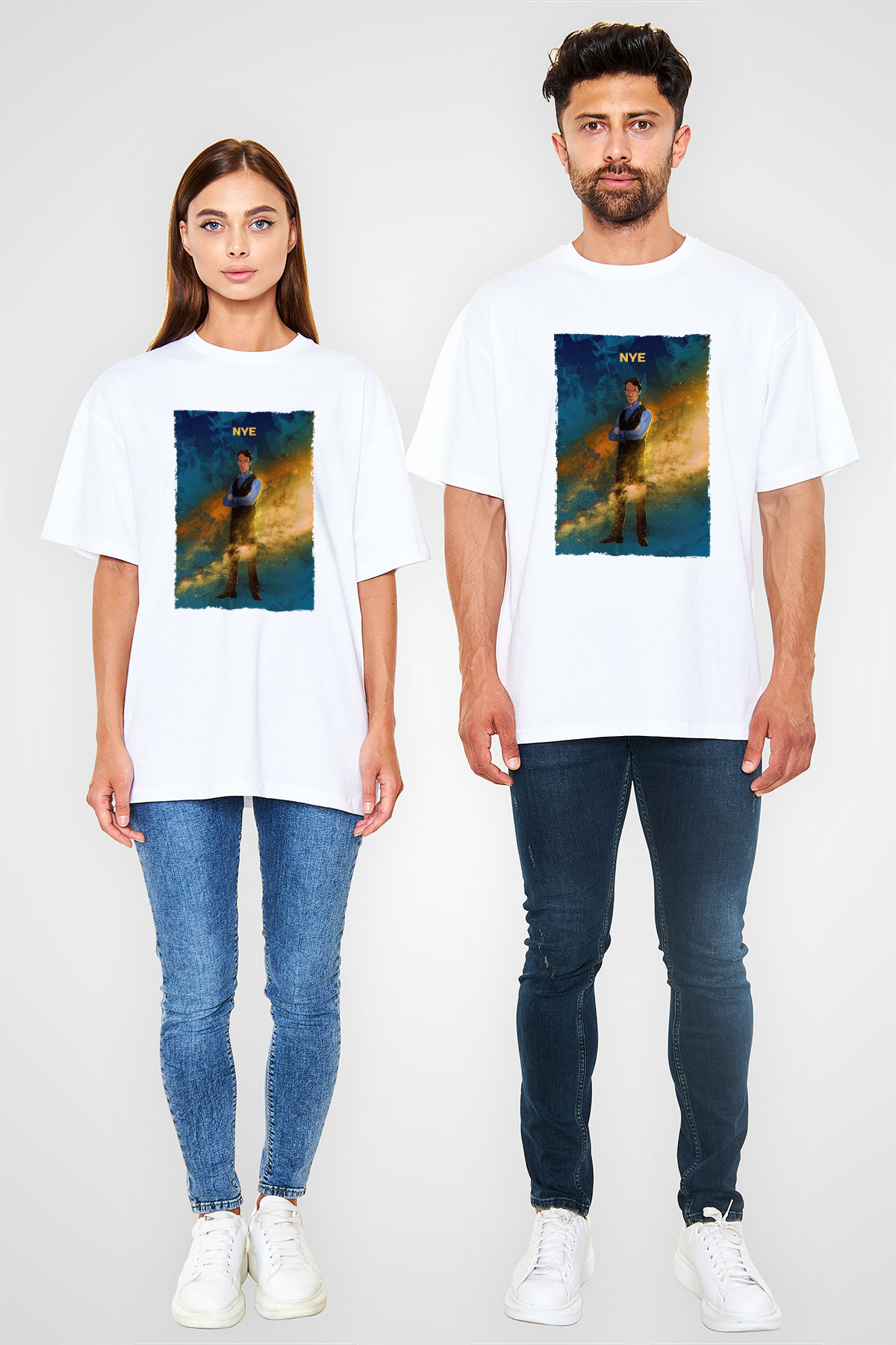 Bill Nye Baskılı Unisex Oversize Beyaz Tişört - Tshirt