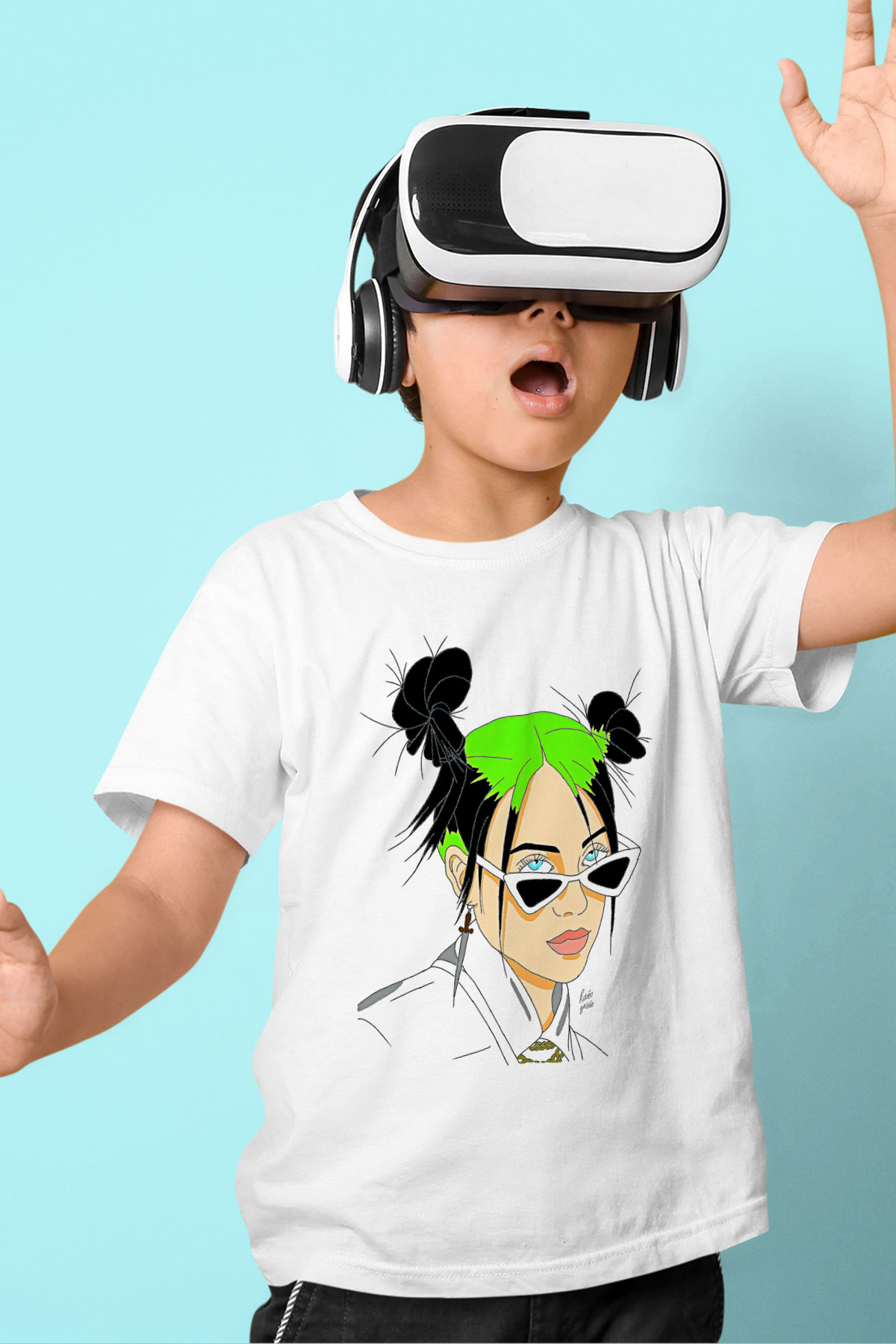 Billie Eilish Baskılı Beyaz Unisex Beyaz Çocuk Tişört - Tshirt