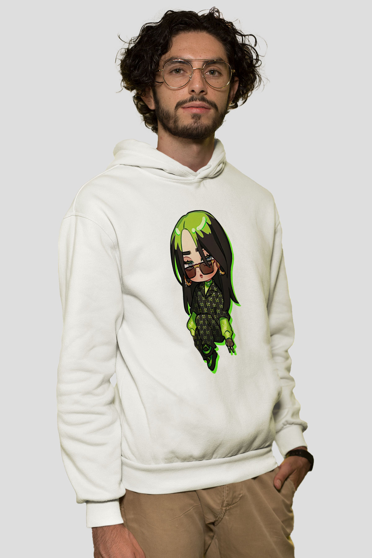 Billie Eilish Baskılı Beyaz Unisex Kapüşonlu Sweatshirt
