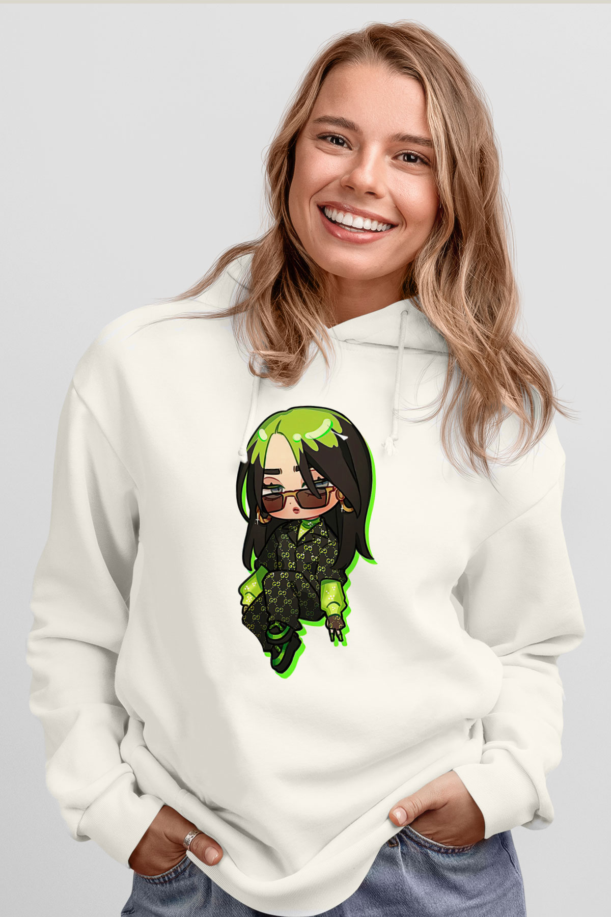 Billie Eilish Baskılı Beyaz Unisex Kapüşonlu Sweatshirt