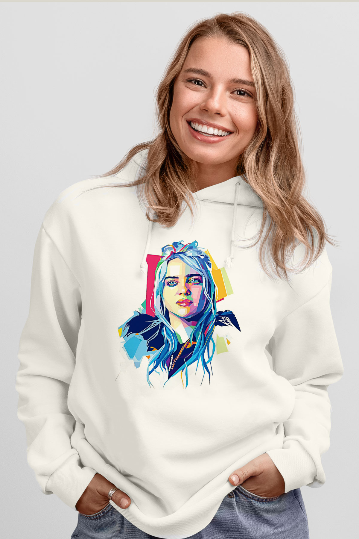 Billie Eilish Baskılı Beyaz Unisex Kapüşonlu Sweatshirt