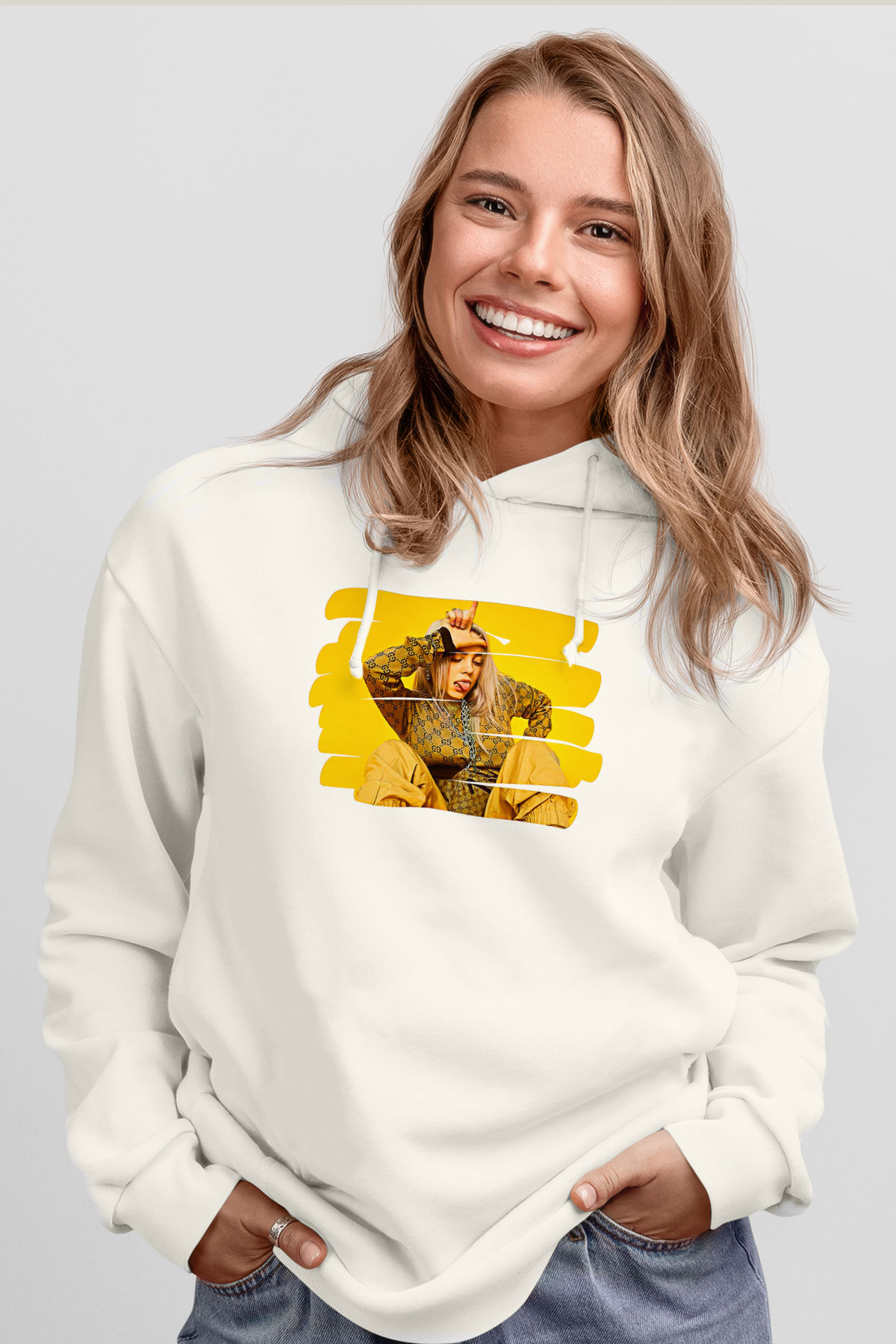 Billie Eilish Baskılı Beyaz Unisex Kapüşonlu Sweatshirt